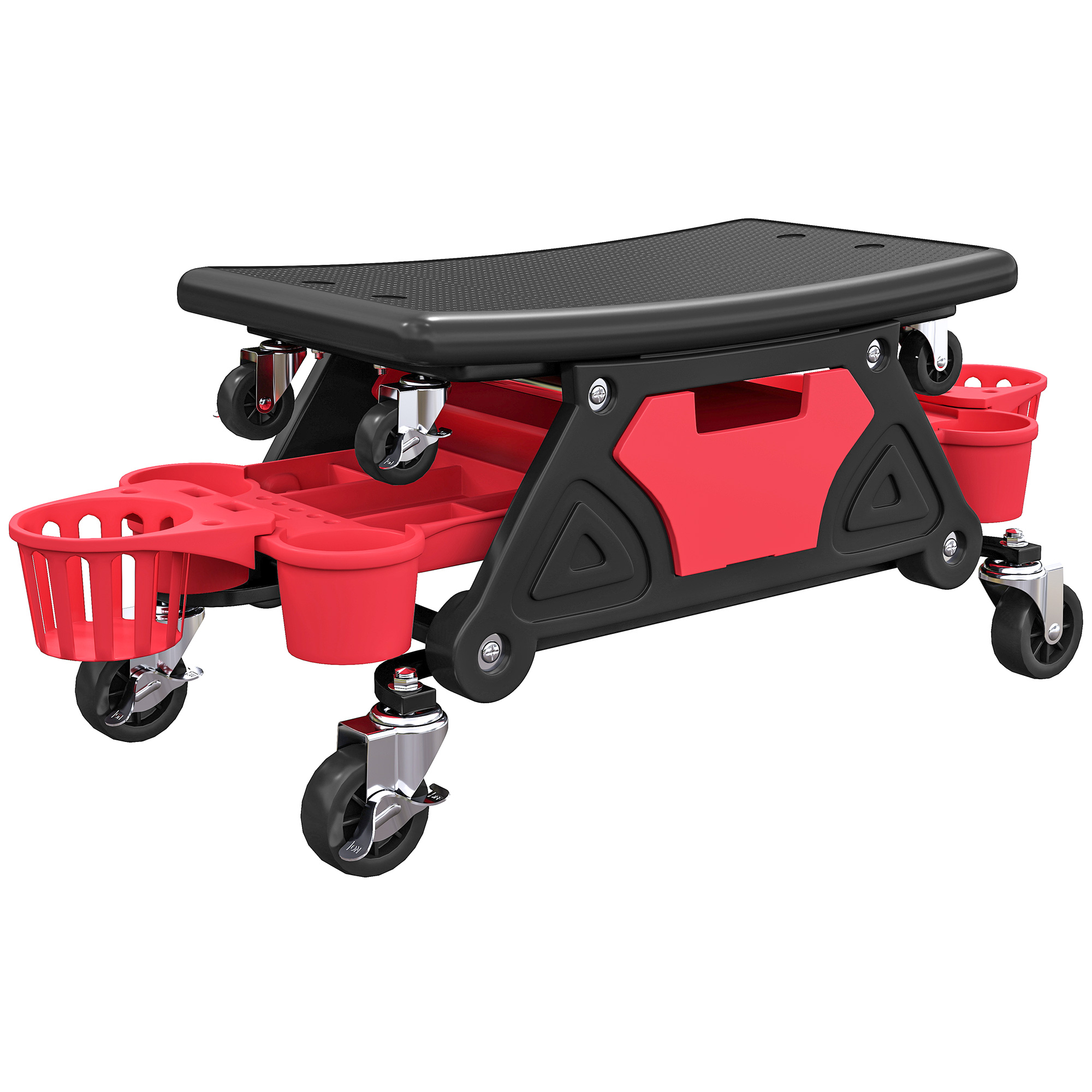 Rolling Mechanic Stool, 135kg Capacity Workshop Stool With 360° Swivel Wheels, Roller Creeper Seat With Slide Out Tool Trays, Drawer, Bottle Holders For Garage, Shop, Auto Repair, Red - Image 1