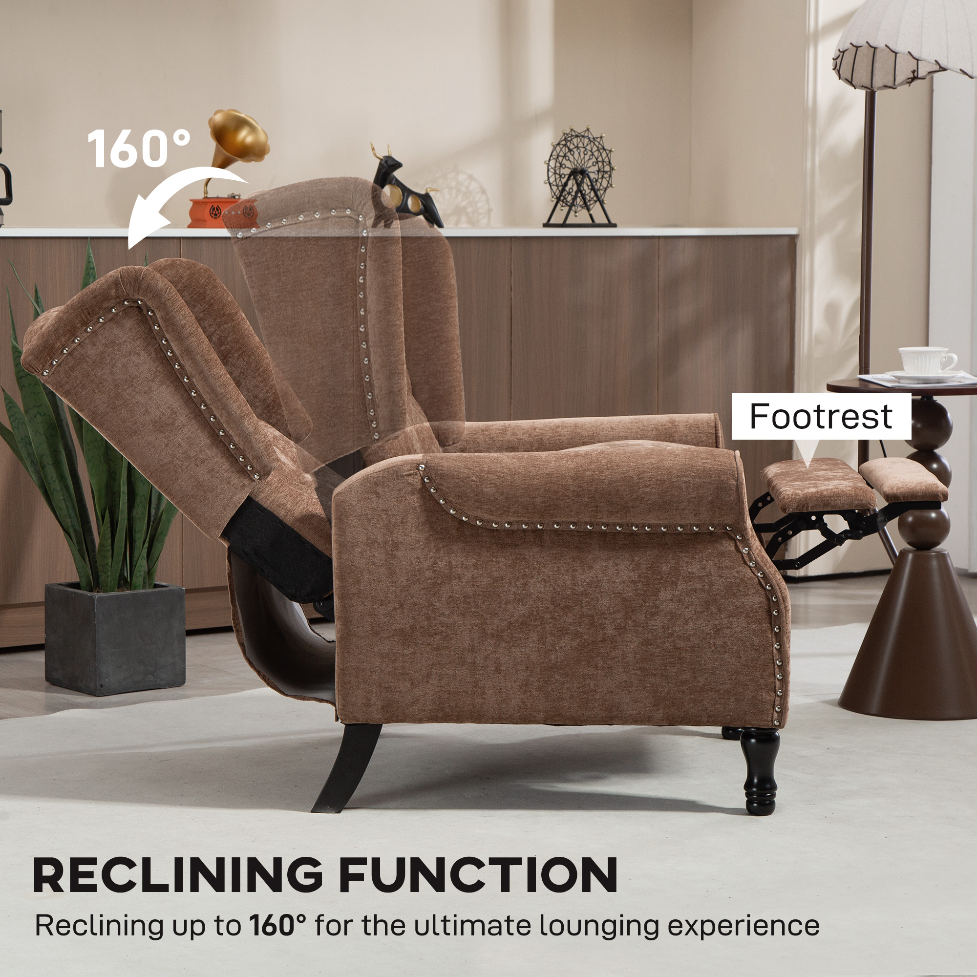 150° reclining vintage armchair, with footrest - brown
