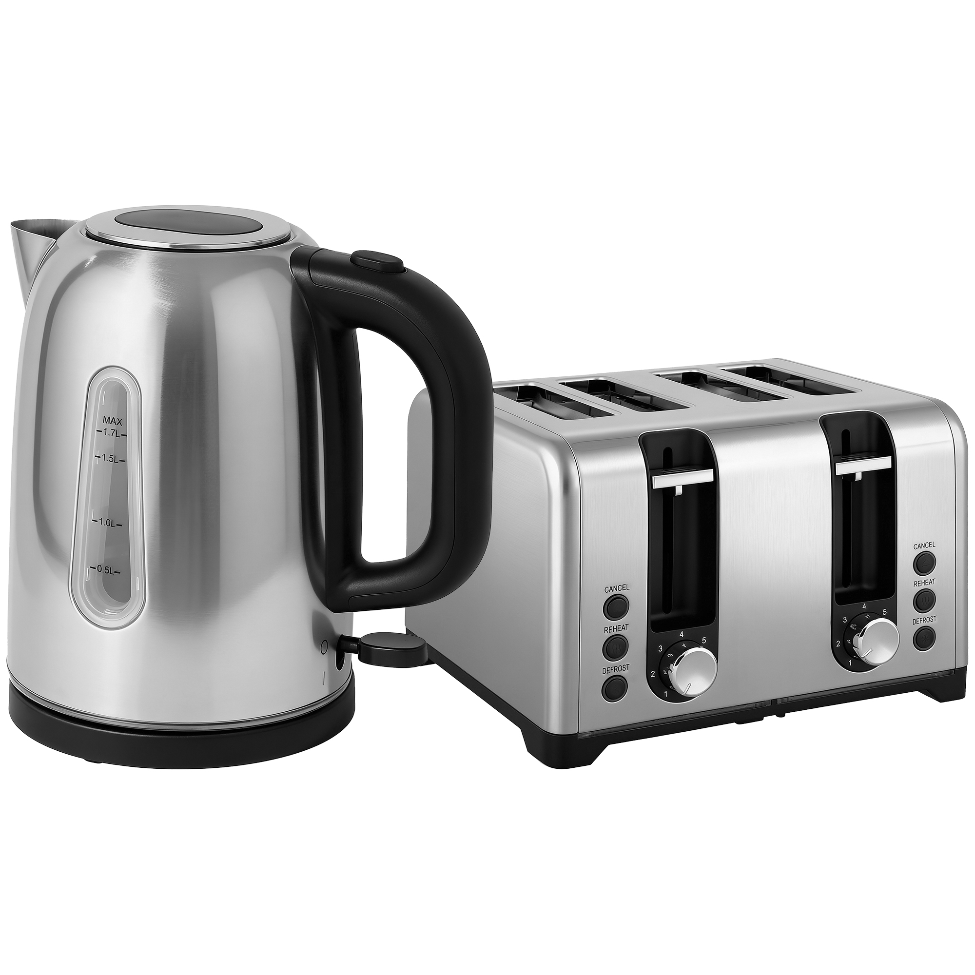 Premium silver stainless steel kettle and 4-slice toaster with LED ambient strip