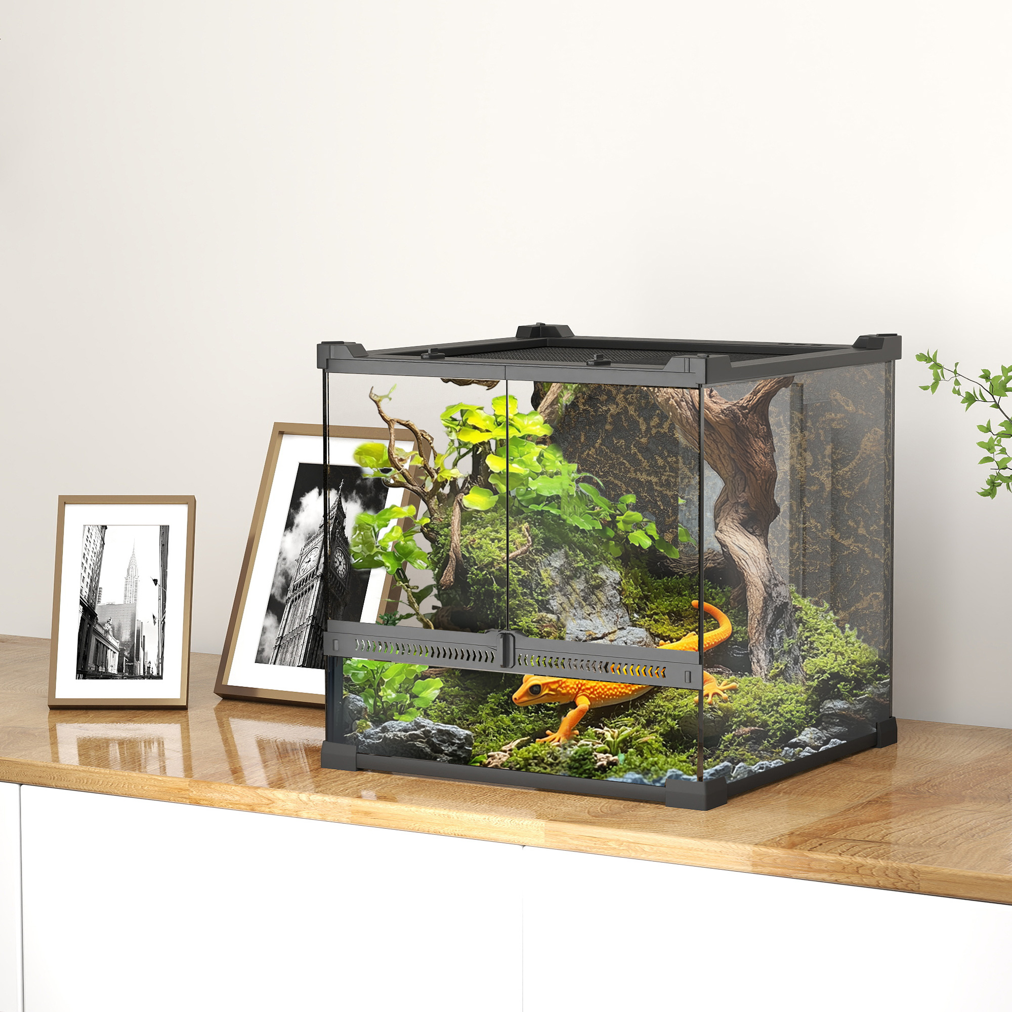 PawHut Reptile Glass Terrarium With Stone Background, Front