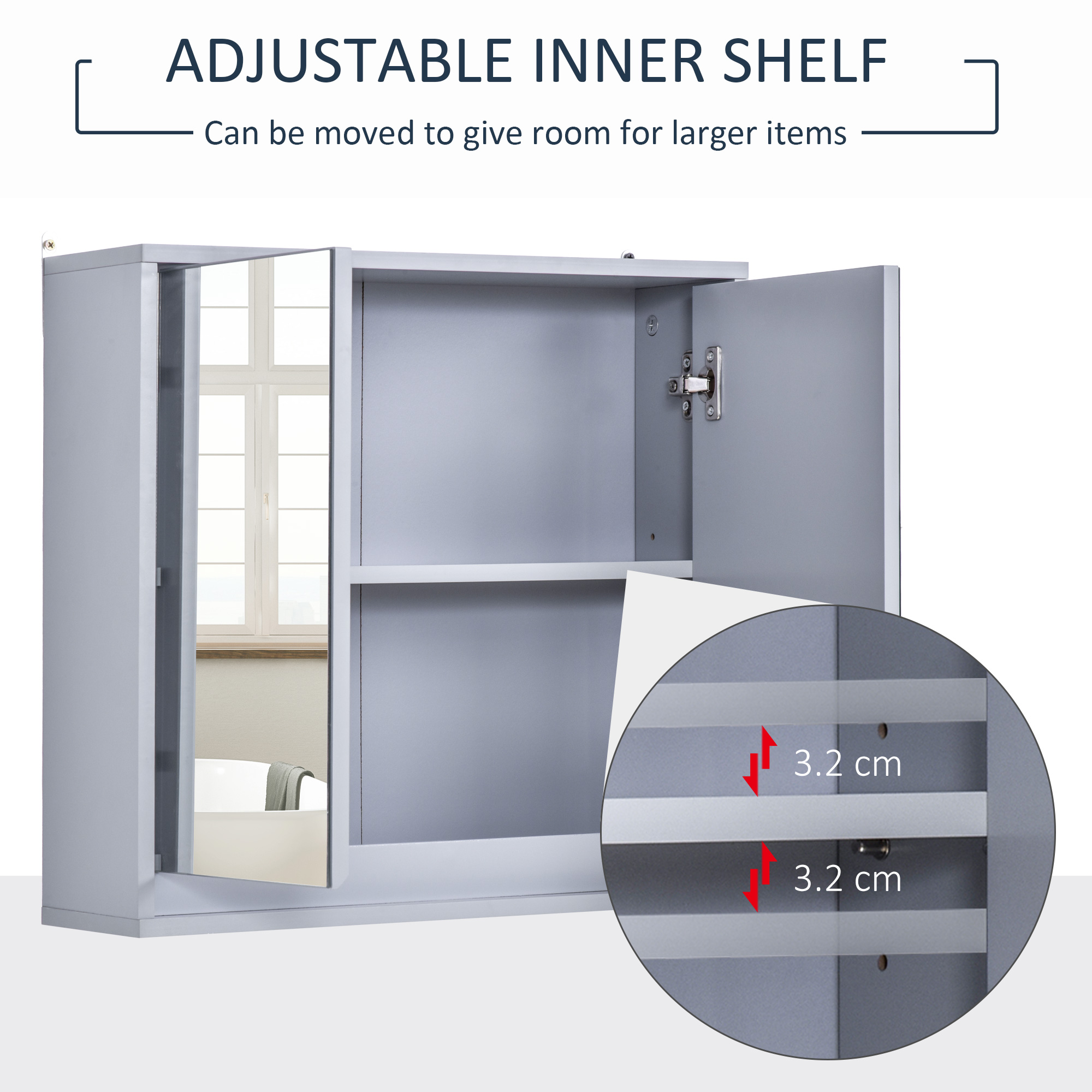 Wall Mounted Mirror Cabinet With Storage Shelf Bathroom Cupboard Double Door — image 3
