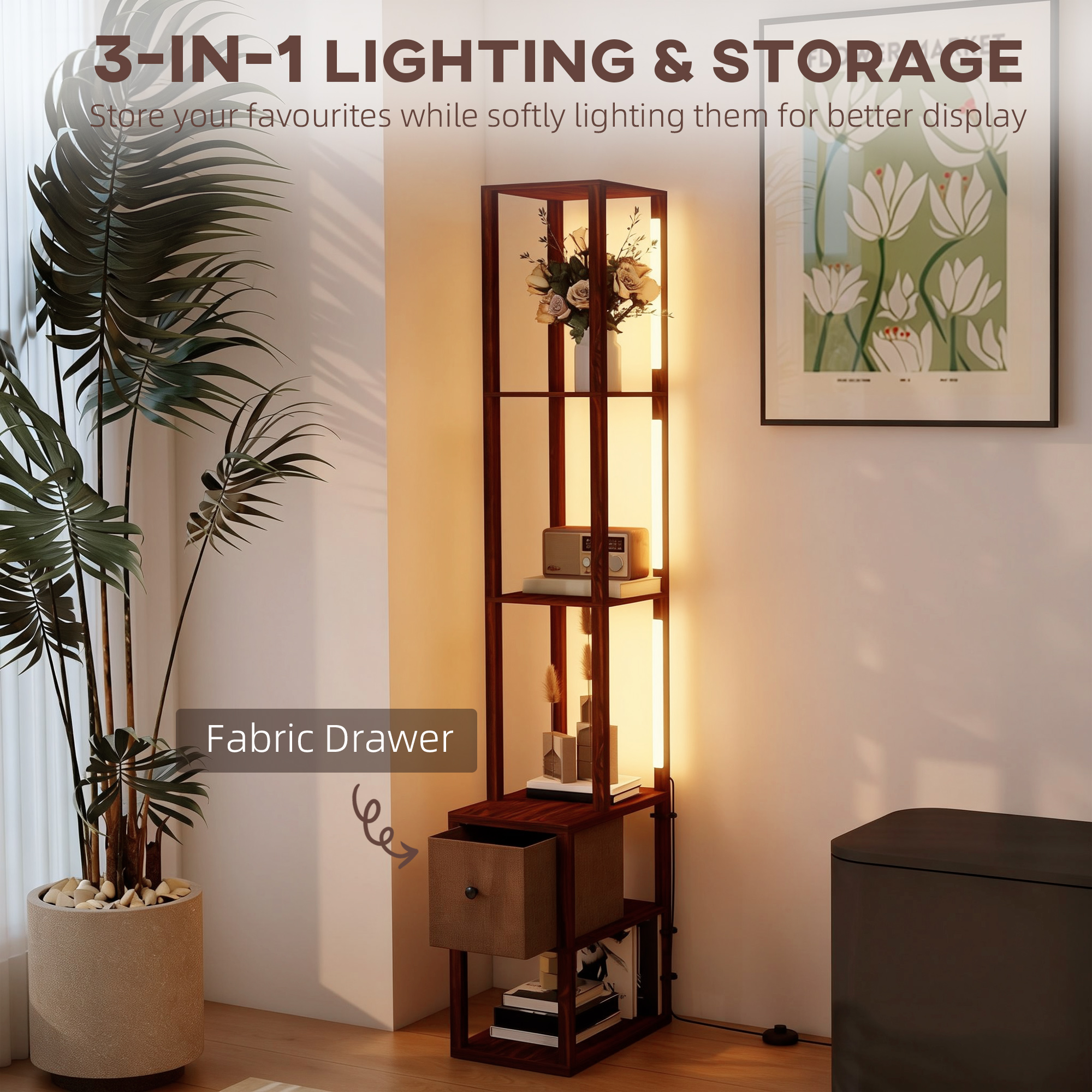 Floor Lamp With Shelves, LED Column Modern Standing Fabric Drawer, Adjustable