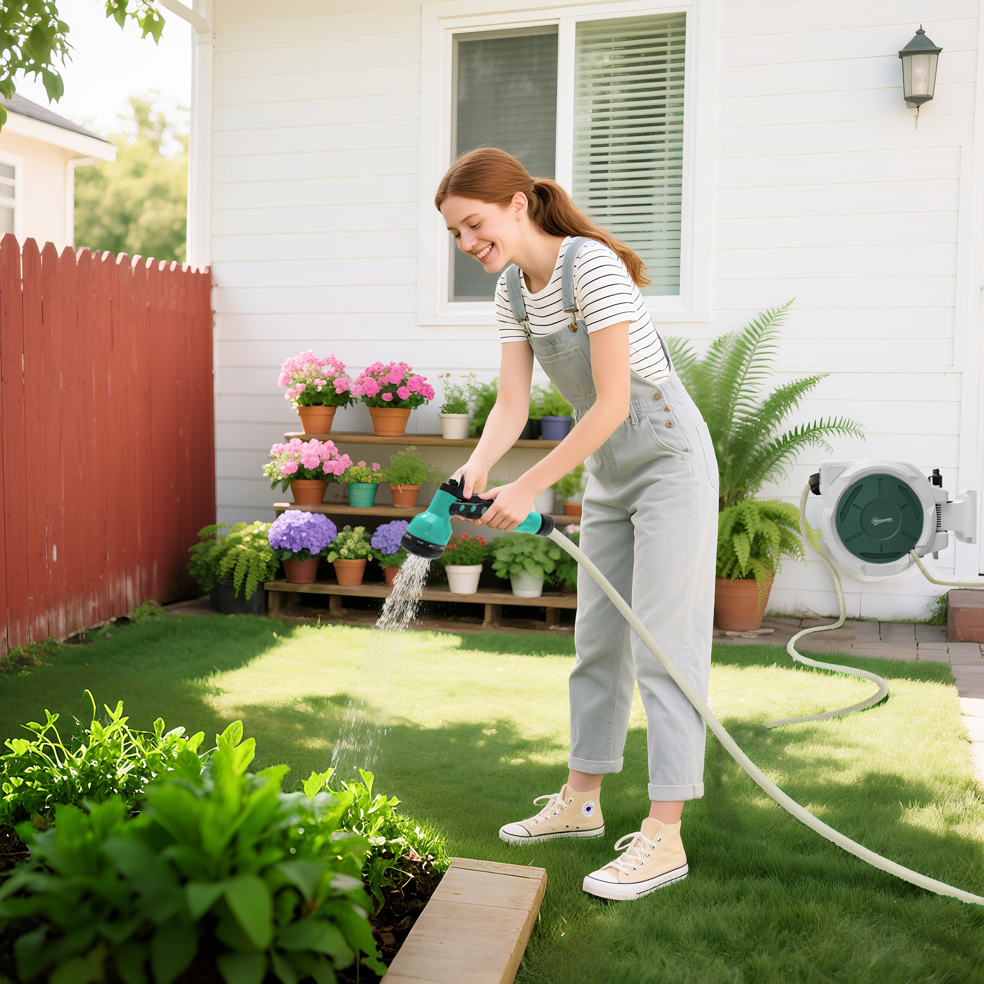 7-pattern spray nozzle on retractable garden hose reel showing watering modes