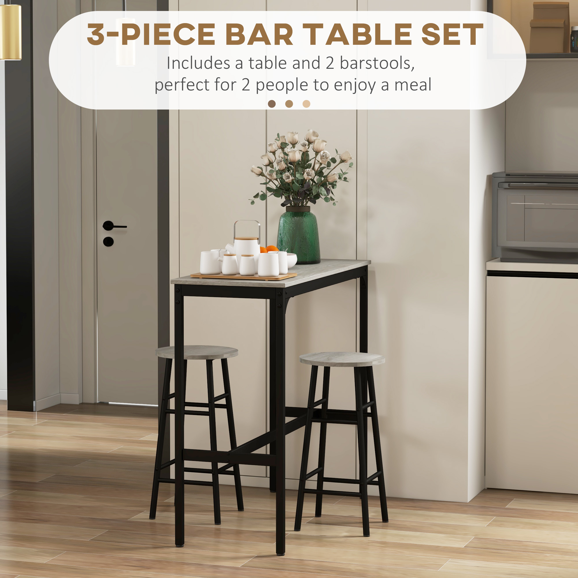 3 Piece Bar Table Set With 2 Stools, Industrial And Stool Dining Chair Grey — image 2
