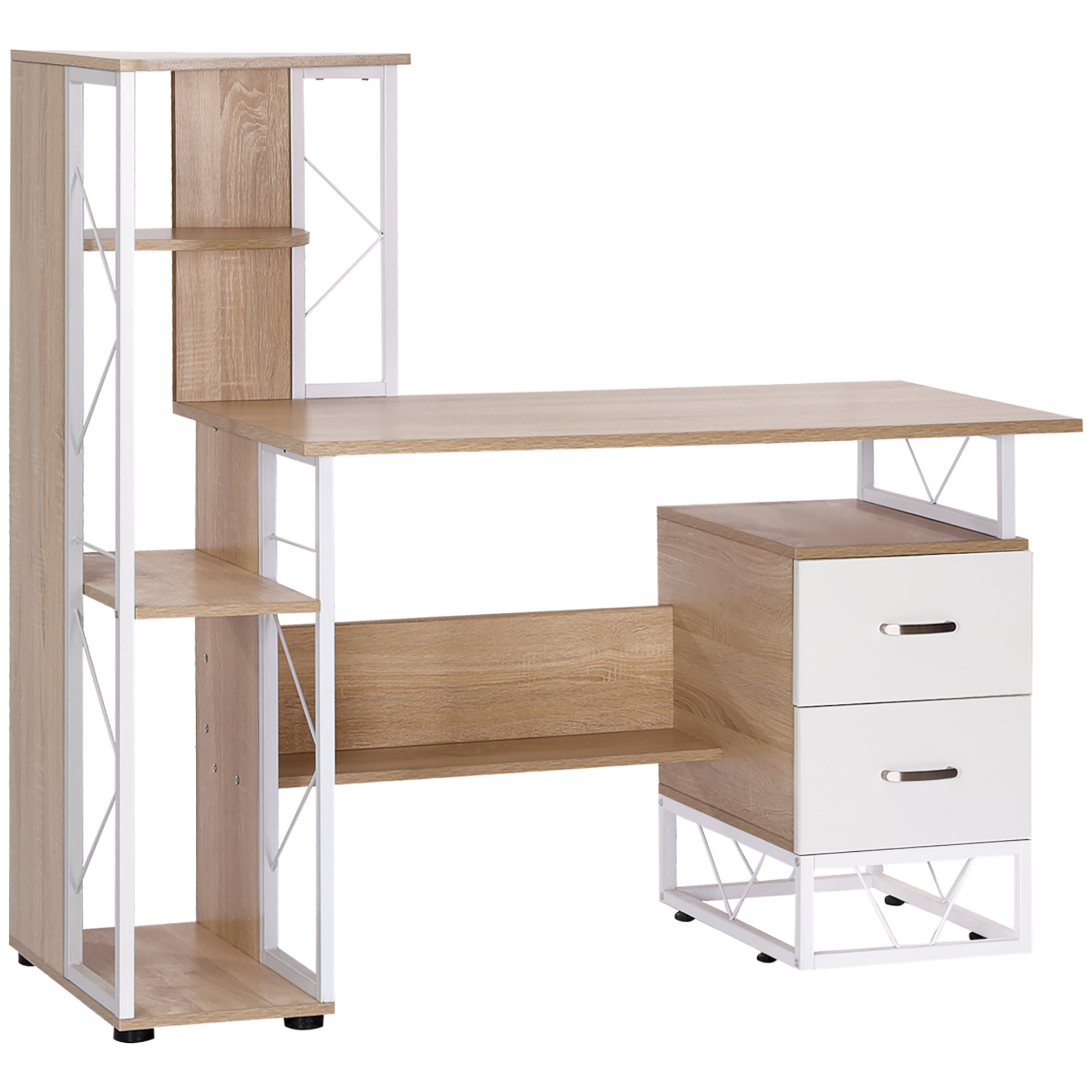 Oak-finish computer desk with integrated bookshelf, drawers and tower space in a UK bedroom-corner home office.