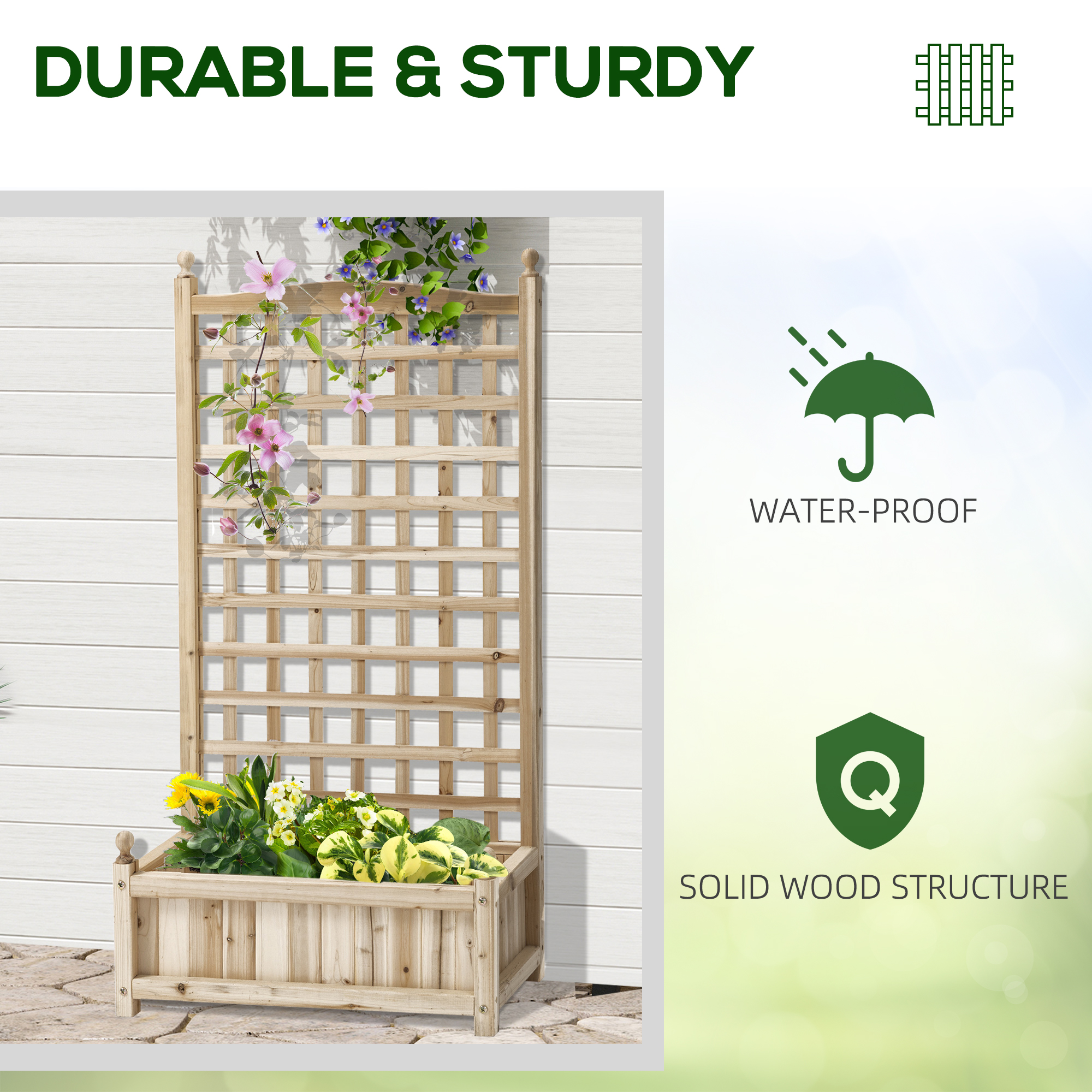 Wooden garden planter box with trellis for climbing plants