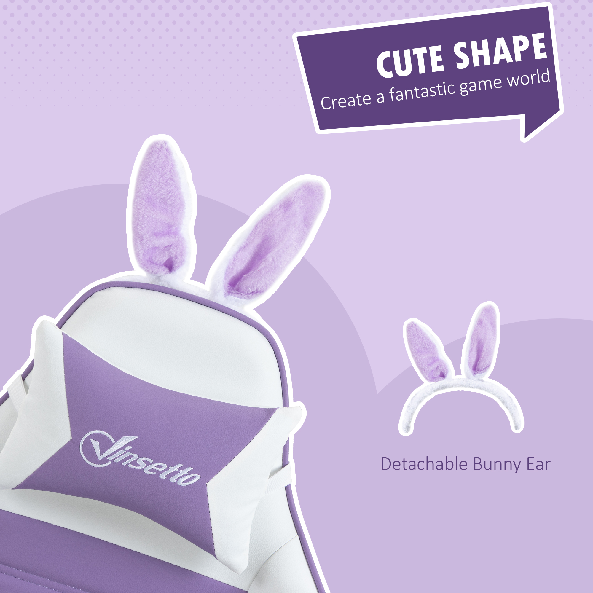 Vinsetto Racing Gaming Chair, Reclining PU Leather Computer Chair With Removable Rabbit Ears, Footrest, Headrest And Lumber Support, Purple 3