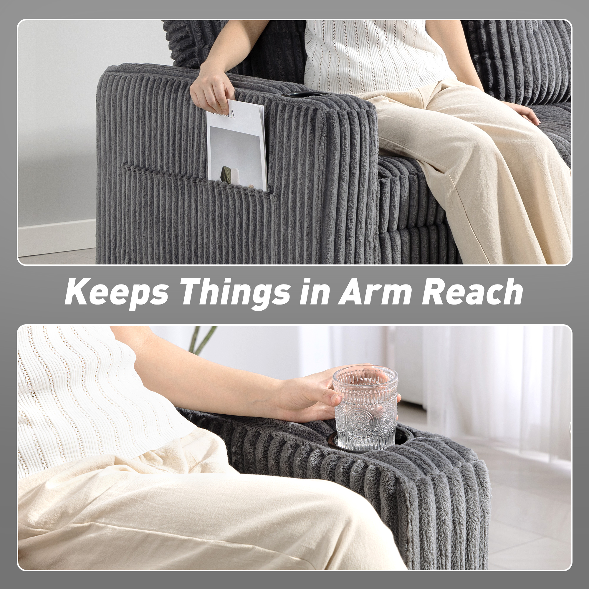 2 Seater Click Clack Sofa Bed With Pull Out Design, Corduroy Upholstery - Charcoal Grey 30dfe954 4fd6 43e9 8314 04ab9cdcb7b2