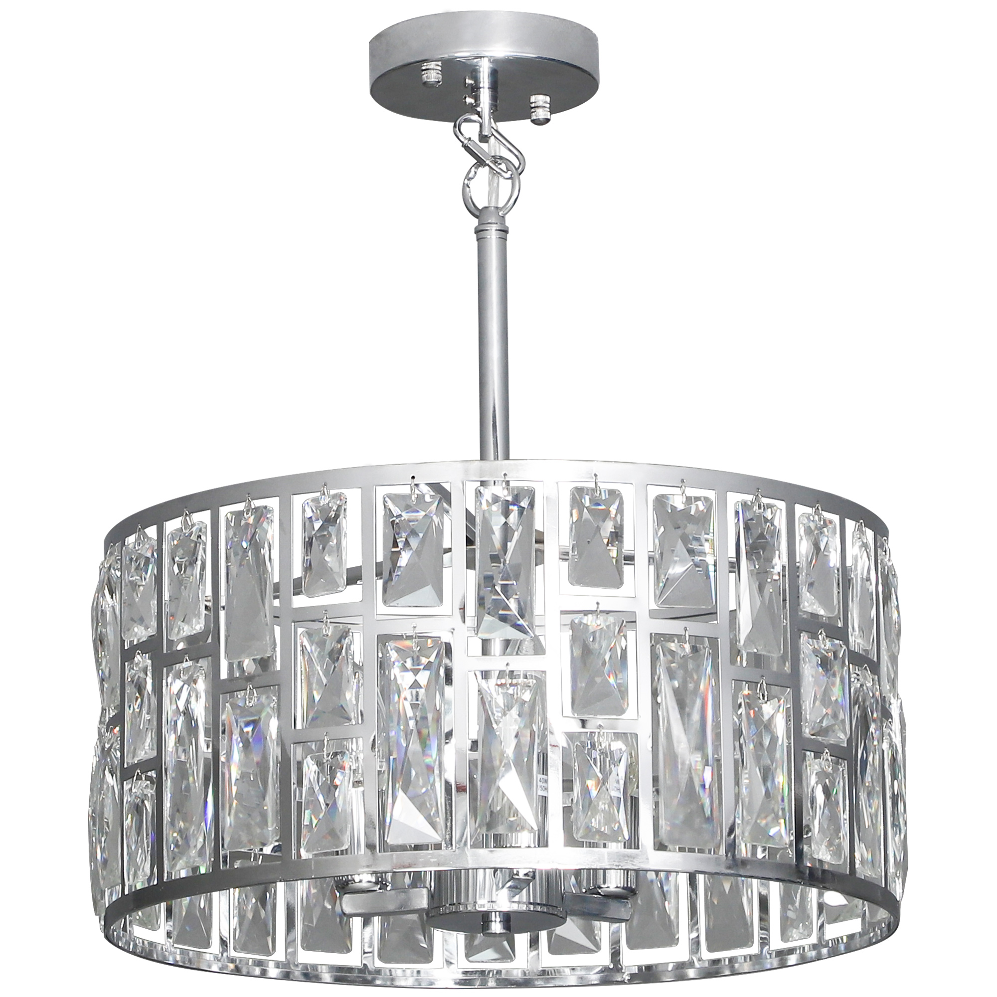 Silver tone steel grid chandelier with 72 hanging crystallite pieces
