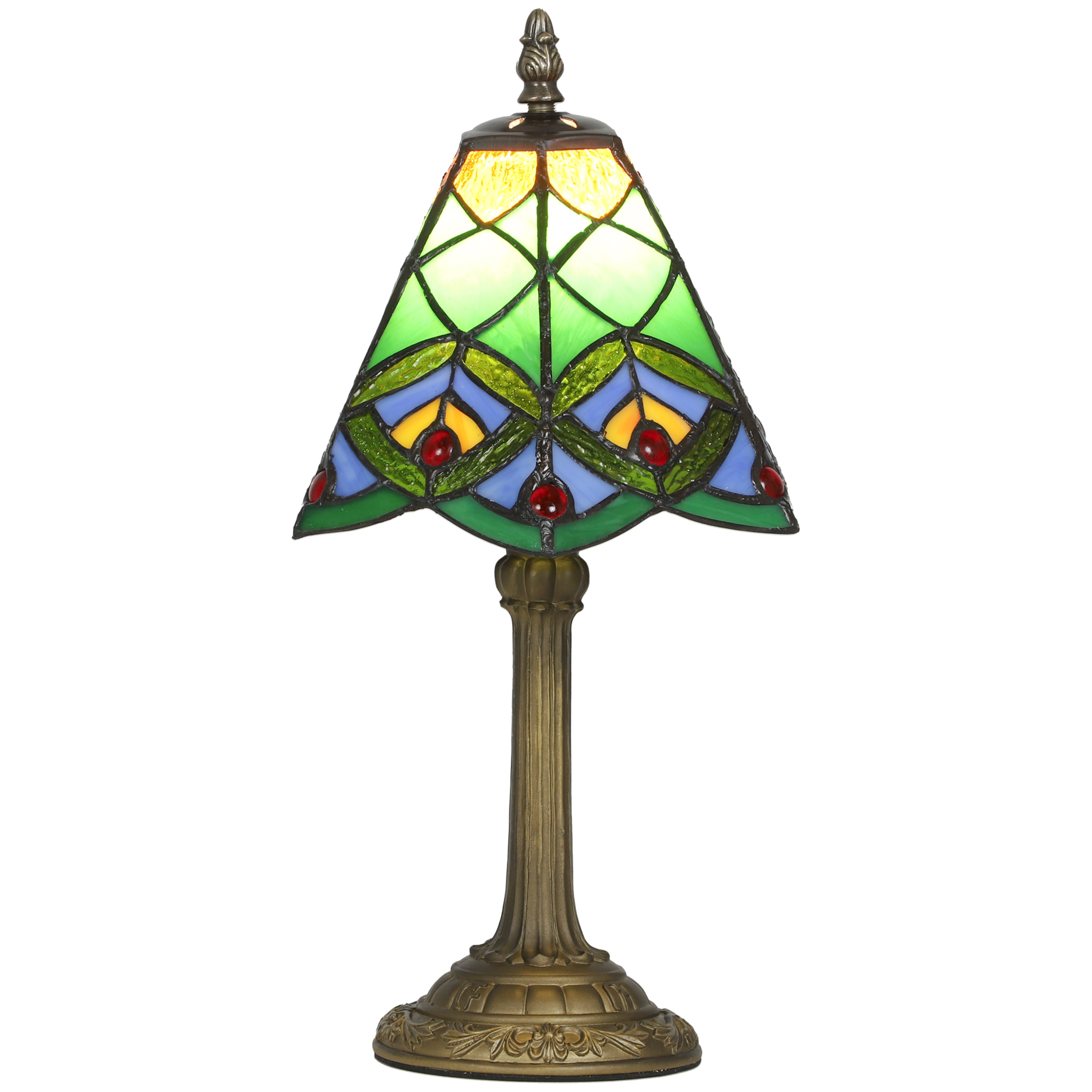 Green stained glass table lamp with bronze tone base on a bedside table