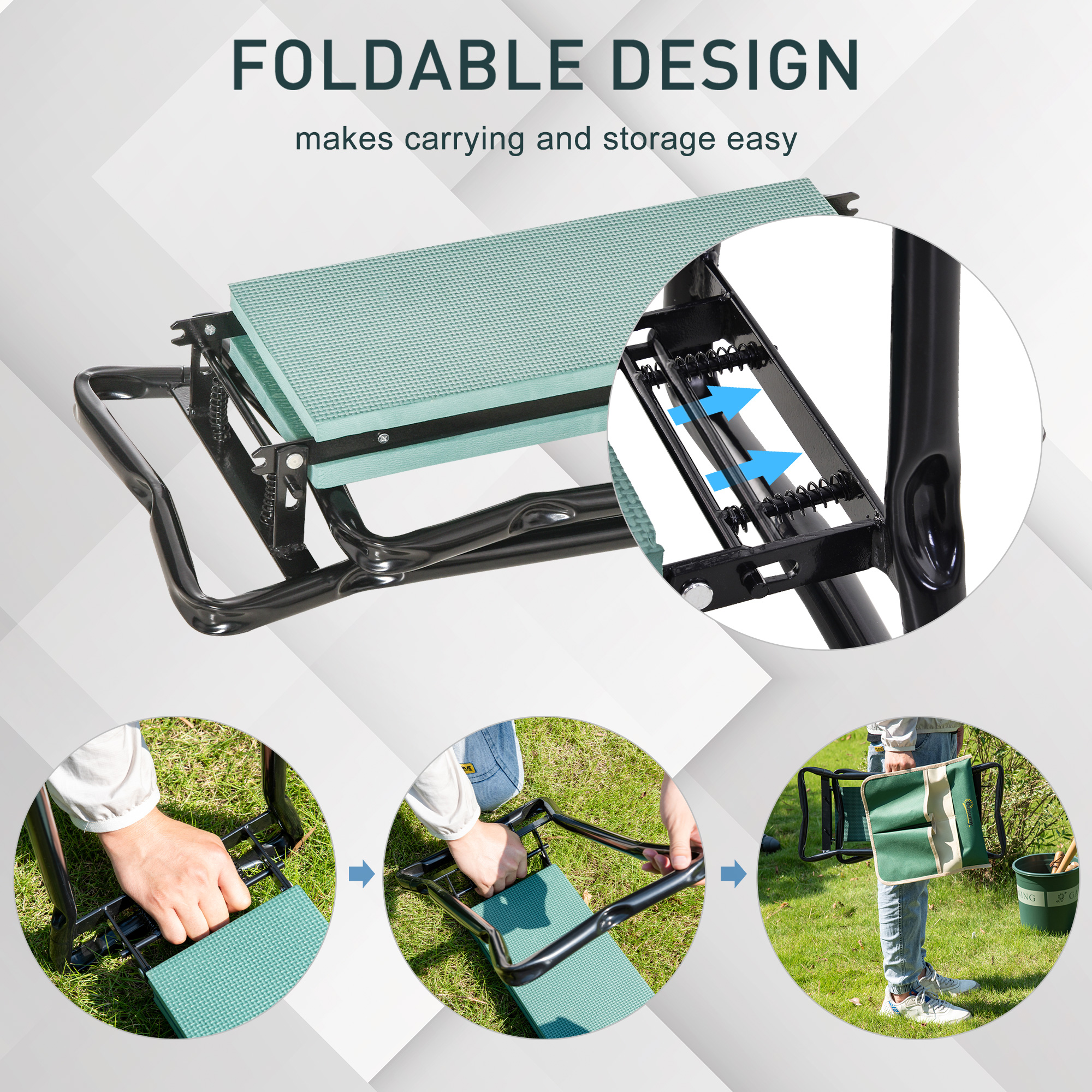 Steel frame padded garden kneeler, with tool bag - green
