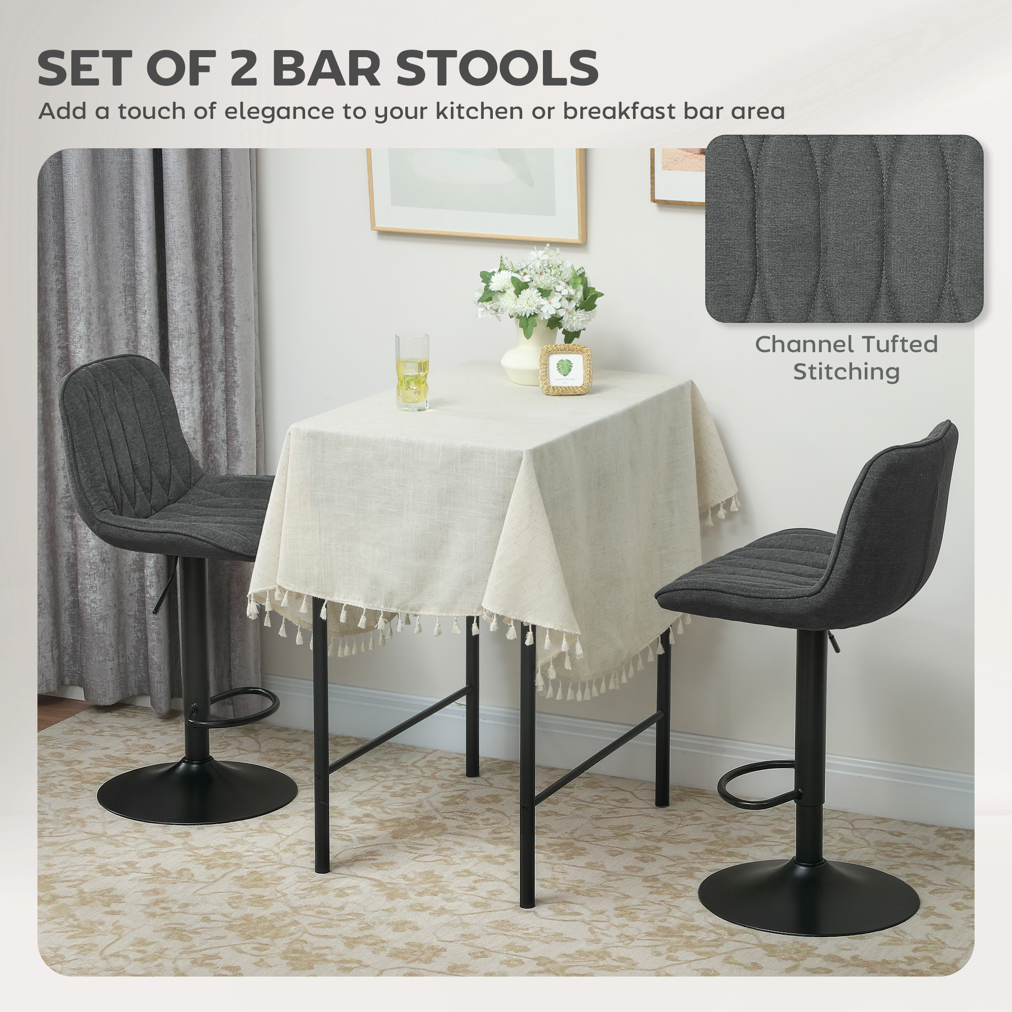 Set of two linen-look bar stools - charcoal grey