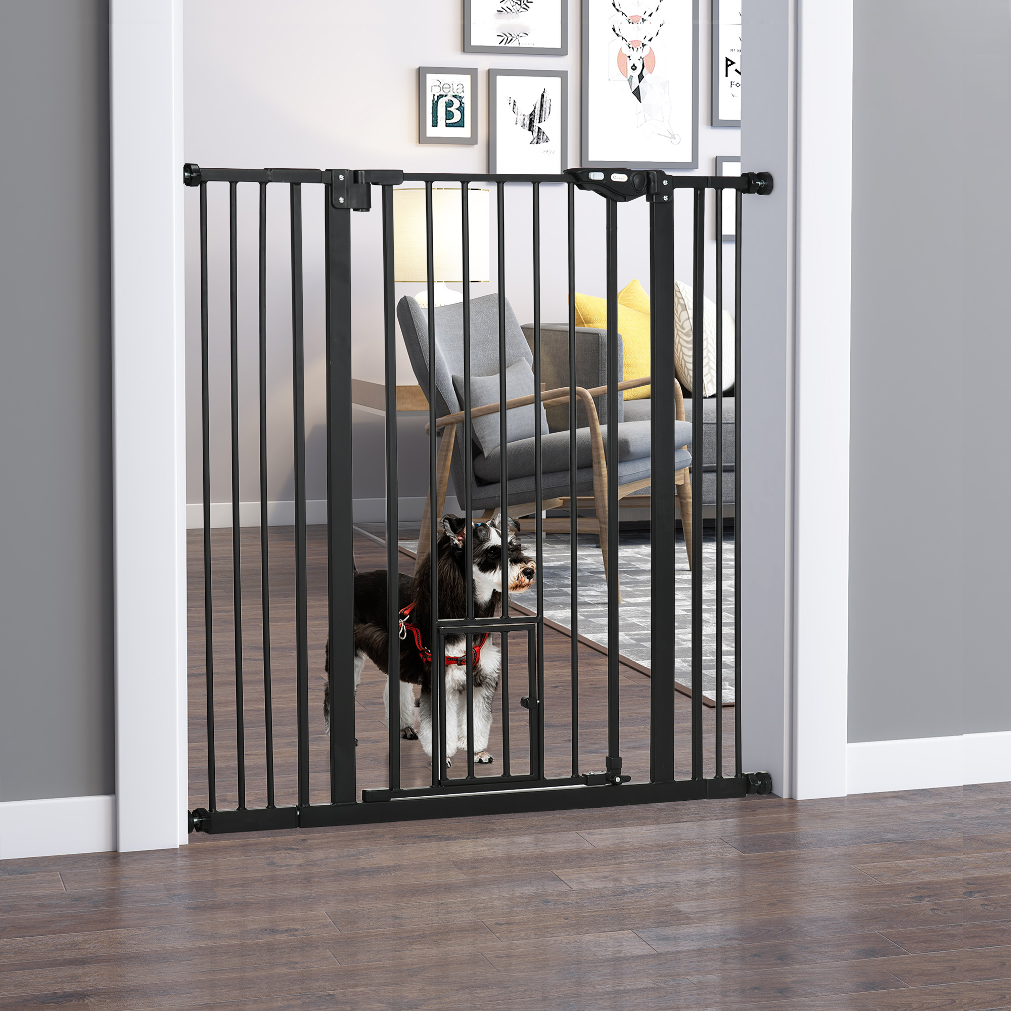 PawHut Extra Tall Pet Gate, Indoor Dog Safety Gate, With Cat Flap, Auto Close, 74-101cm Wide - Black