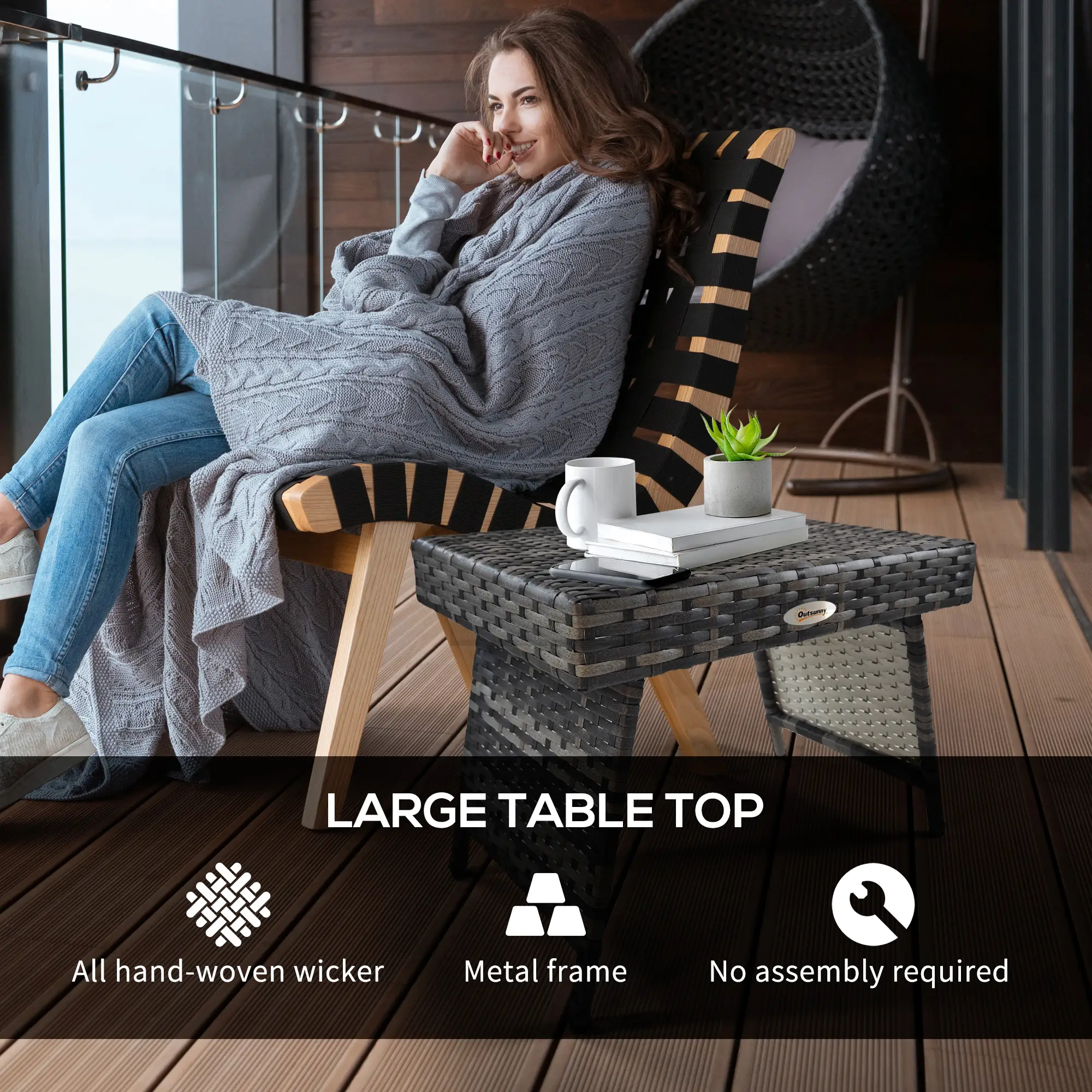 Foldable Outdoor Side Table, Rattan Garden Coffee Table With Steel Frame, Space Saving Bistro Garden Furniture For Patio, Balcony, 60 X 41 X 41 Cm, Mixed Grey