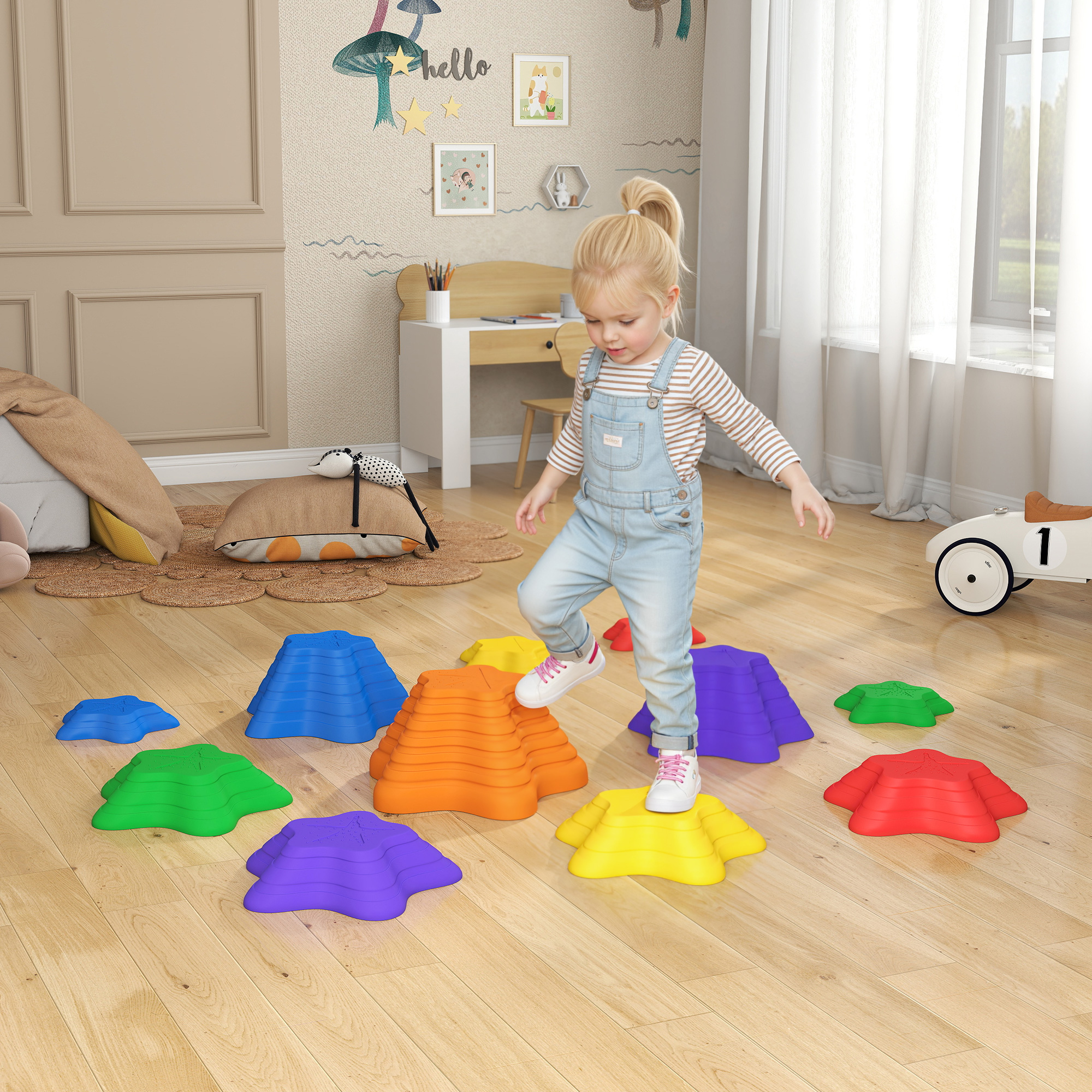 11-Piece Kids Stepping Stones, Starfish Style Non-slip Obstacle Course, Stackable Balance Blocks Garden Toys, Encourage Toddler Sensory Toys Indoor Outdoor - Multicoloured
