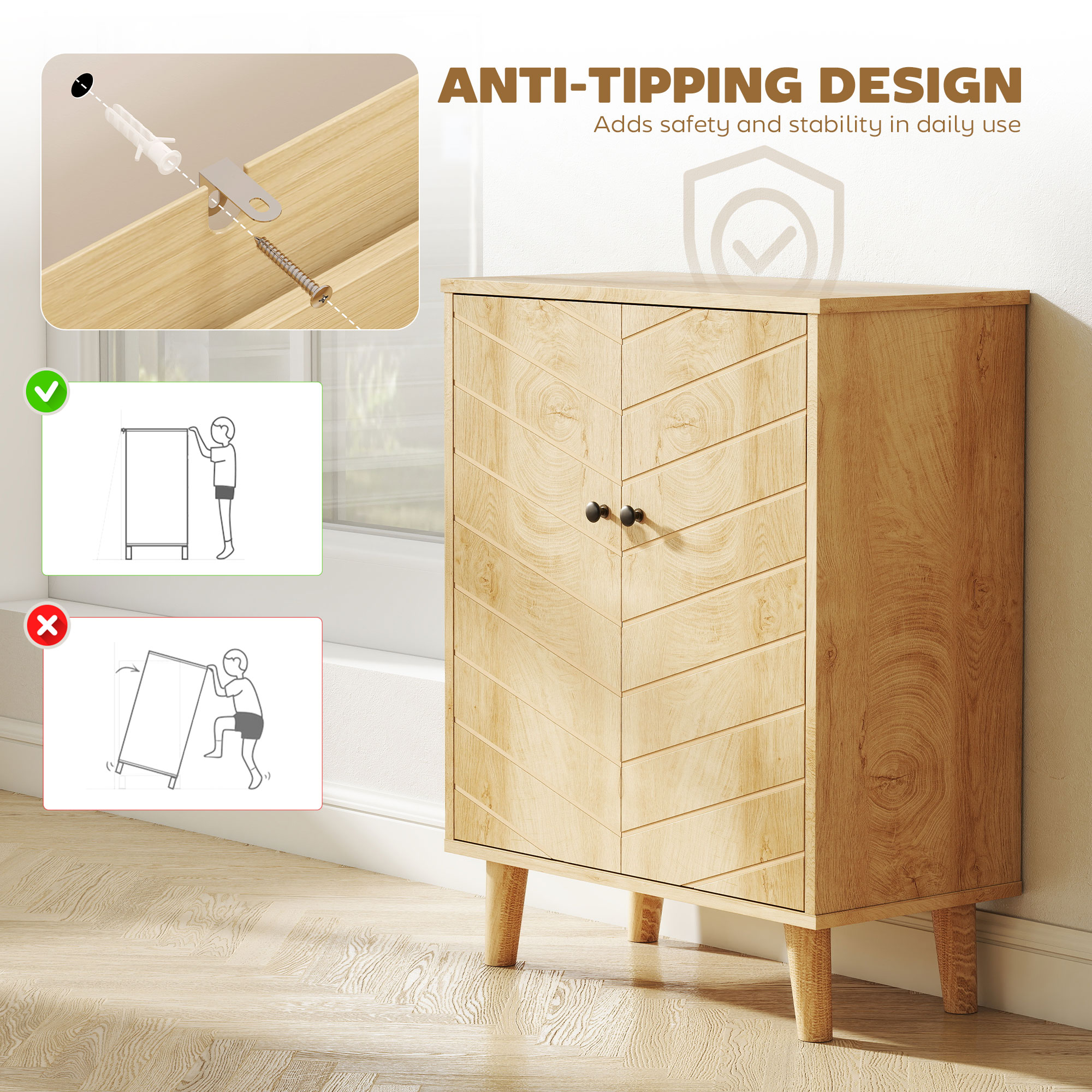 Vintage Storage Cabinet With Double Chevron Doors And Pine Wood Legs, Side Cabinet For Living Room, Kitchen, Bedroom