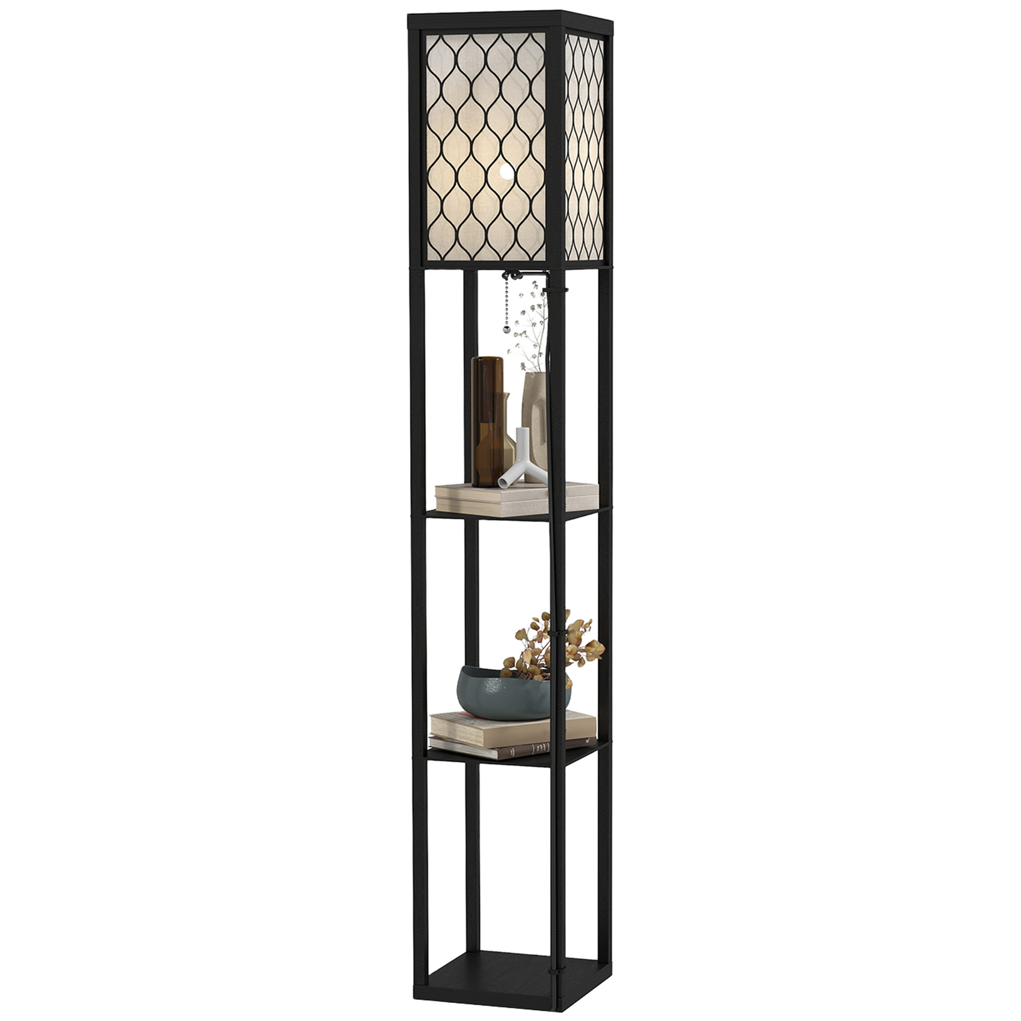 4-tier shelf floor lamp with geometric honeycomb shade in a UK living room