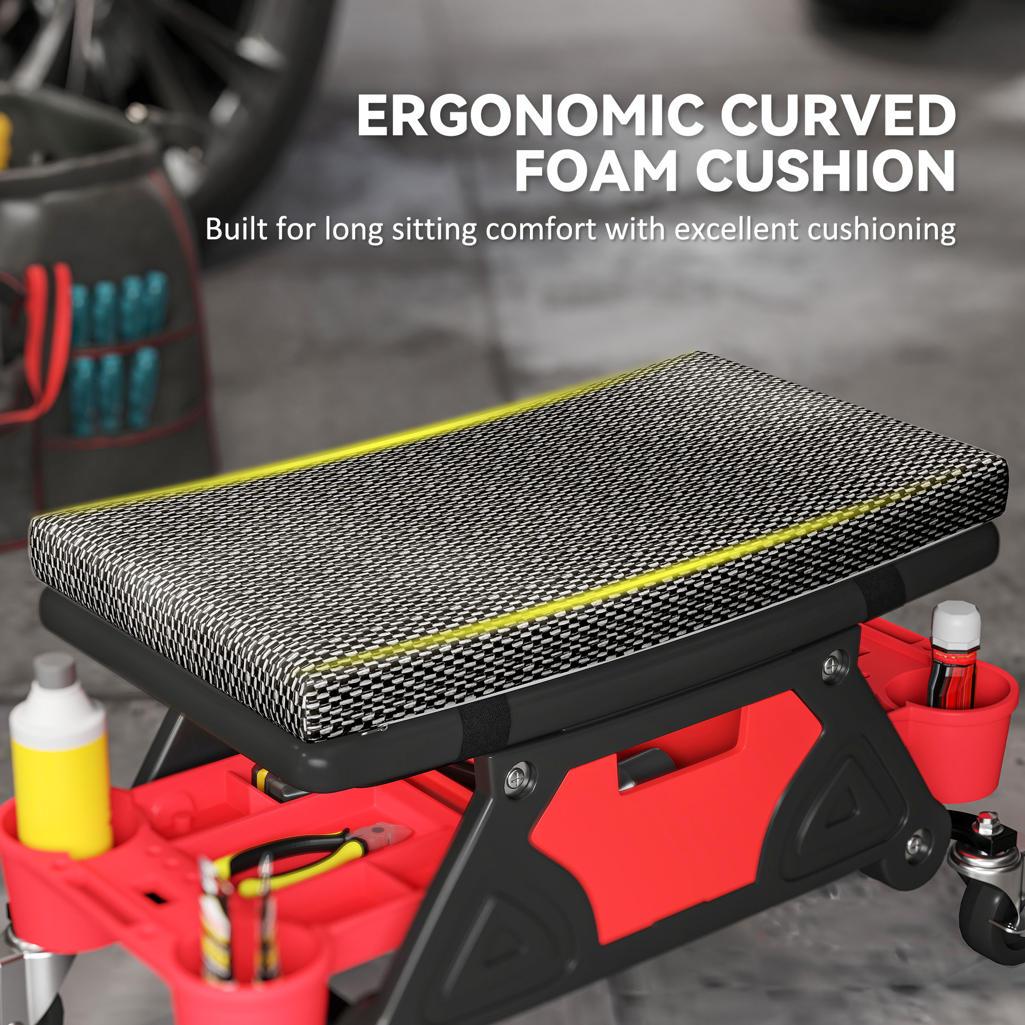 Rolling Mechanic Stool, 135kg Capacity Workshop Stool, 360° Swivel Roller Padded Creeper Seat With Wheels, Slide Out Tool Trays And Drawer For Garage, Shop, Auto Repair, Black