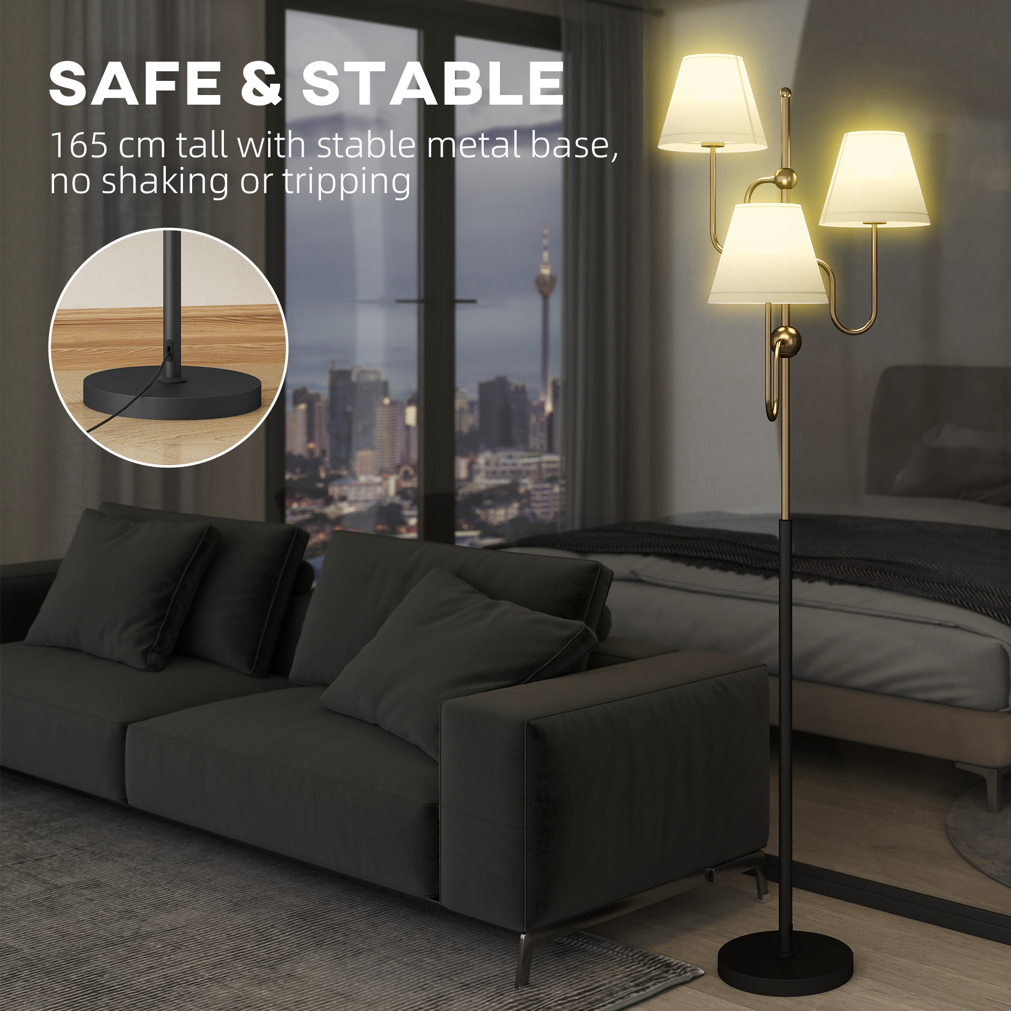 Floor Lamp, 165 Cm Tall Standing Lamp With 3 Light And Foot Switch For Living Room, Bedroom, Bedside, Office, E27 Base Without Bulb 40W Max — foto 3