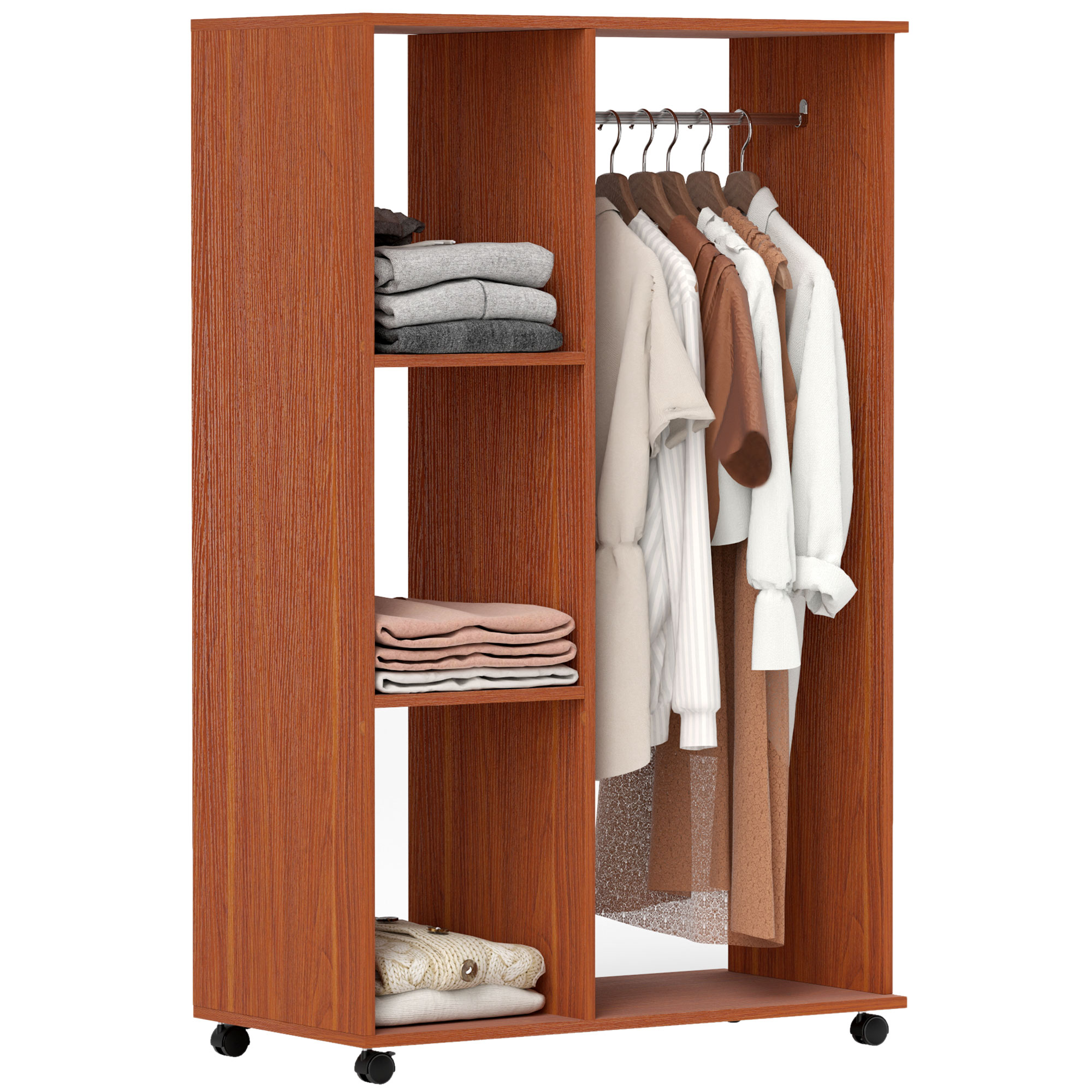 Premium walnut open wardrobe on lockable castors with hanging rail and three storage shelves