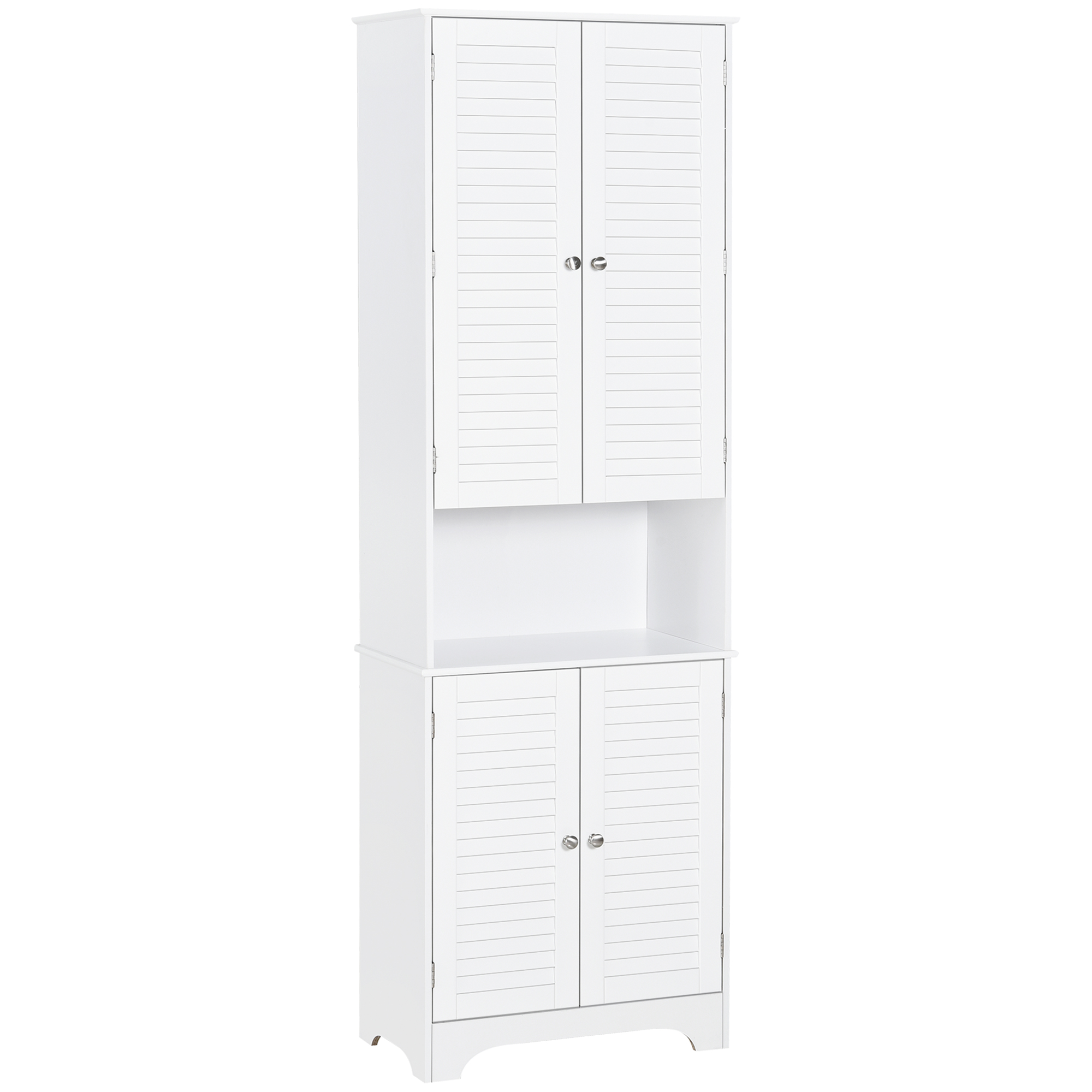 Tall freestanding white bathroom cabinet with retro louvered shutter doors