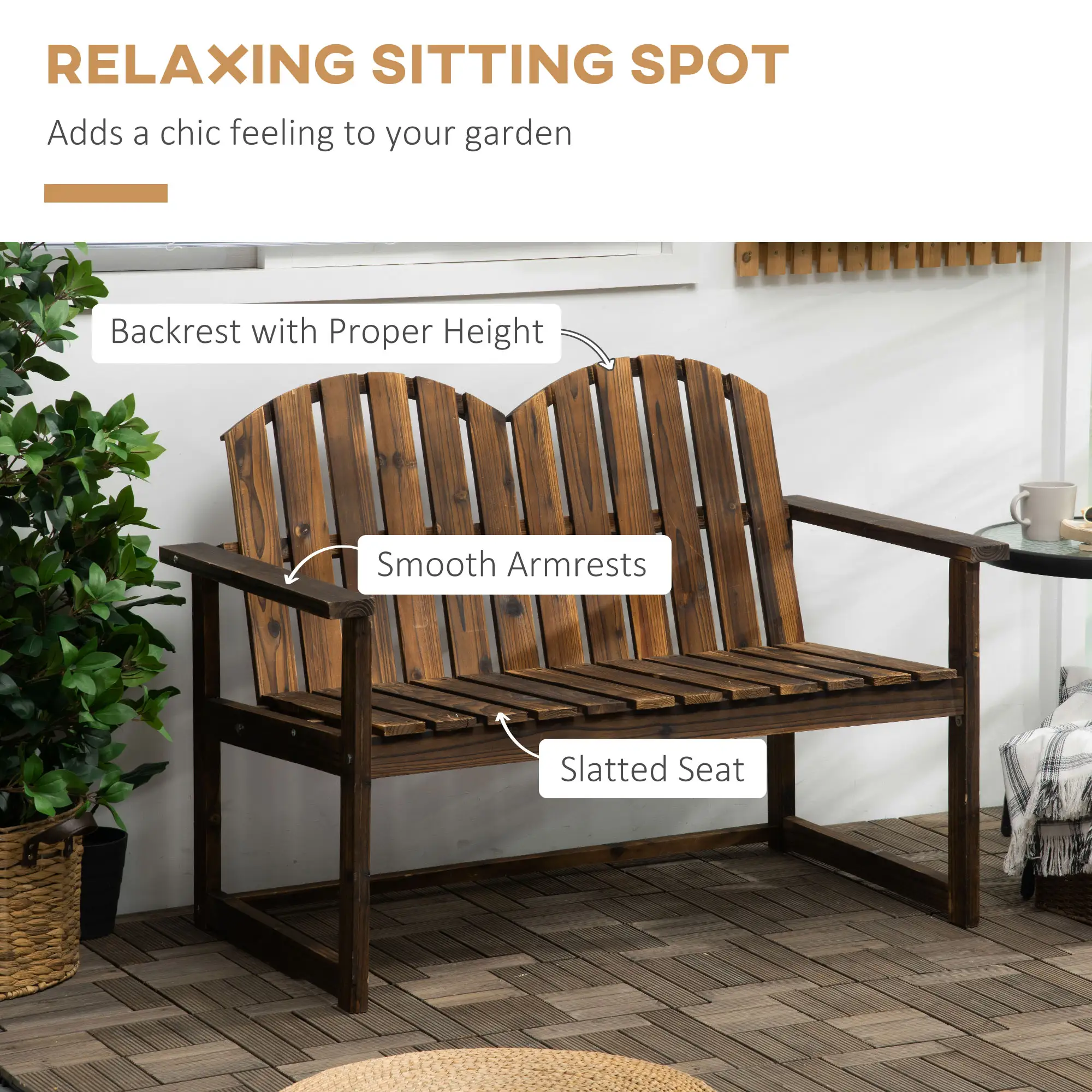 Outdoor Wooden Garden Bench, Patio Loveseat Chair With Slatted Backrest And Smooth Armrests For Two People, For Yard, Lawn, Porch, Carbonised Finish