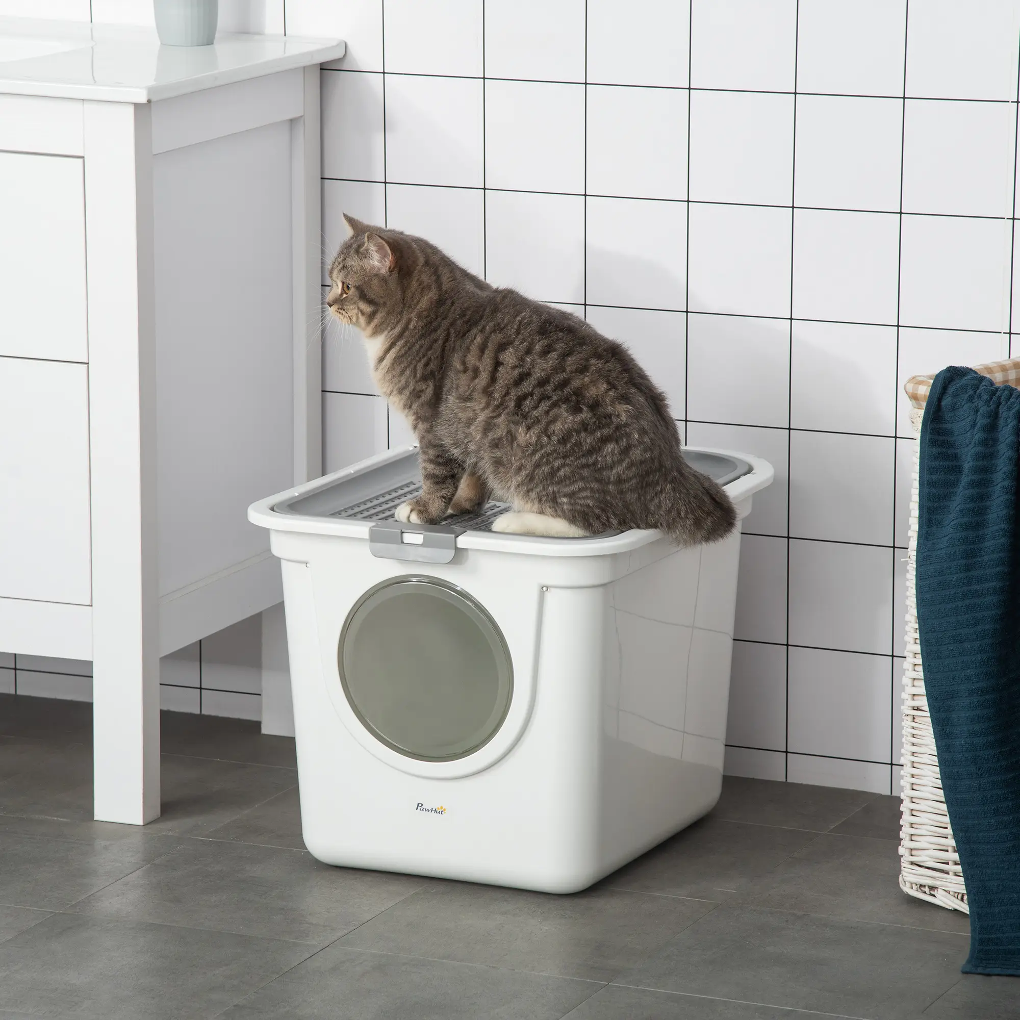 PawHut Cat Litter Box, Pet Toilet, Enclosed Kitten Pan With Front Entrance Top Exit, High Side, Scoop, White
