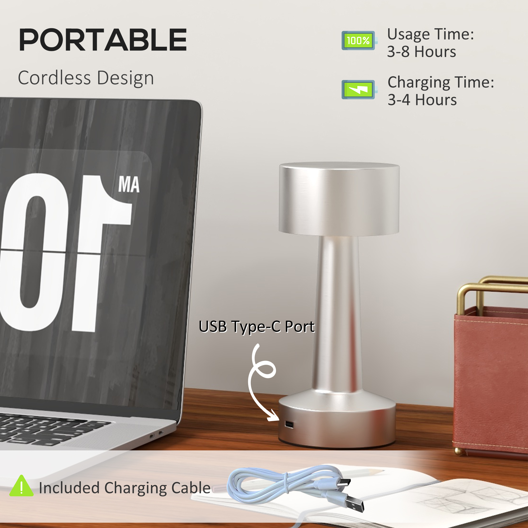 Cordless Table Lamp, Touch LED Desk Lamp With Rechargeable Battery, 3 Colour, For Bedroom Living Room, Silver — foto 2