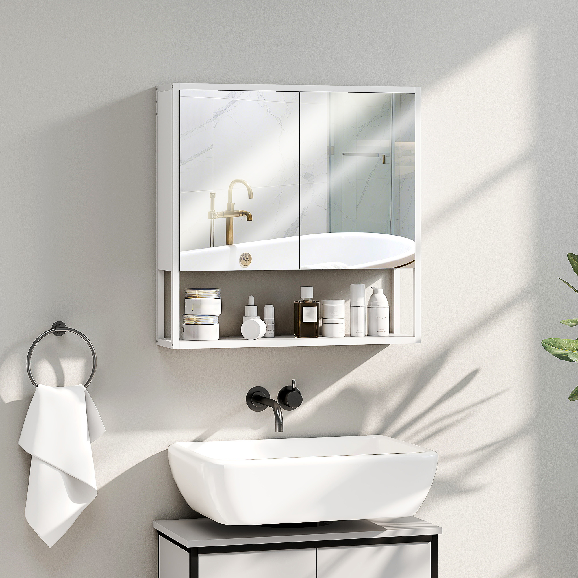 Bathroom mirror cabinet with soft-close doors