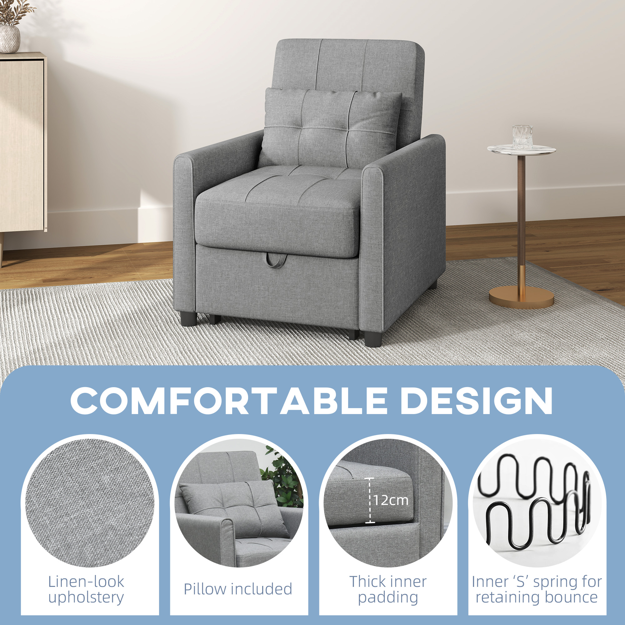 Linen-Look Single Chair Bed - Light Grey — image 2