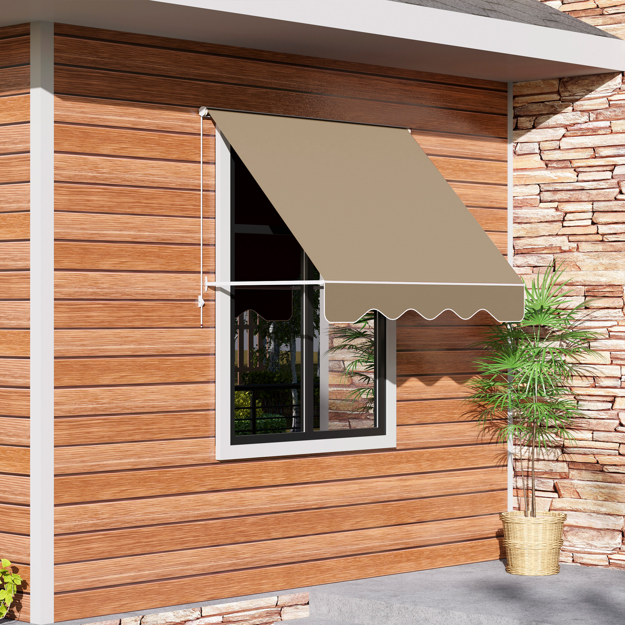 6 Drop Arm Manual Retractable Window Awning Sun Shade Shelter for Patio Balcony Outdoor, Aluminum, Can Cover 2 Windows, Cream White