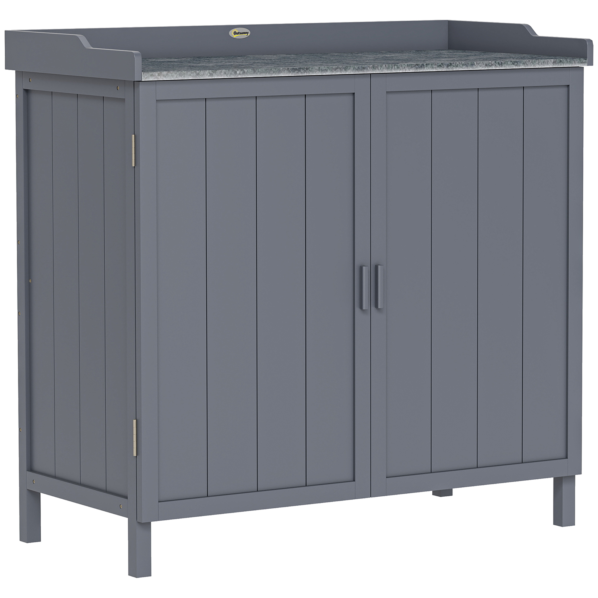 Wood Garden Storage Cabinet, Outdoor Tool Shed, Potting Bench Table With Galvanized Top And Two Shelves For Yard Tools Or Pool Accessories, Grey - Image 1
