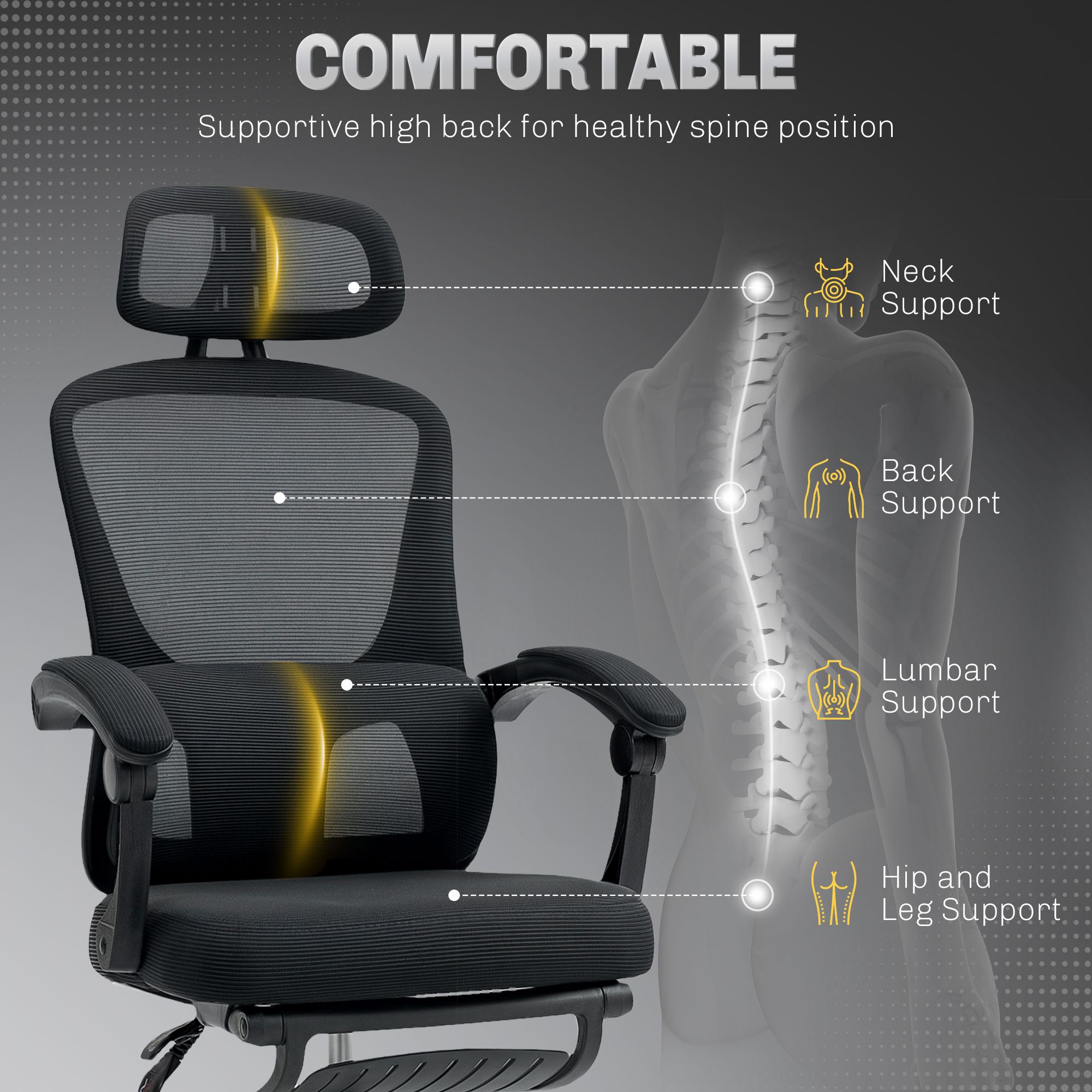 Ergonomic Office Chair, Mesh High Back Desk With Adjustable Lumbar Support