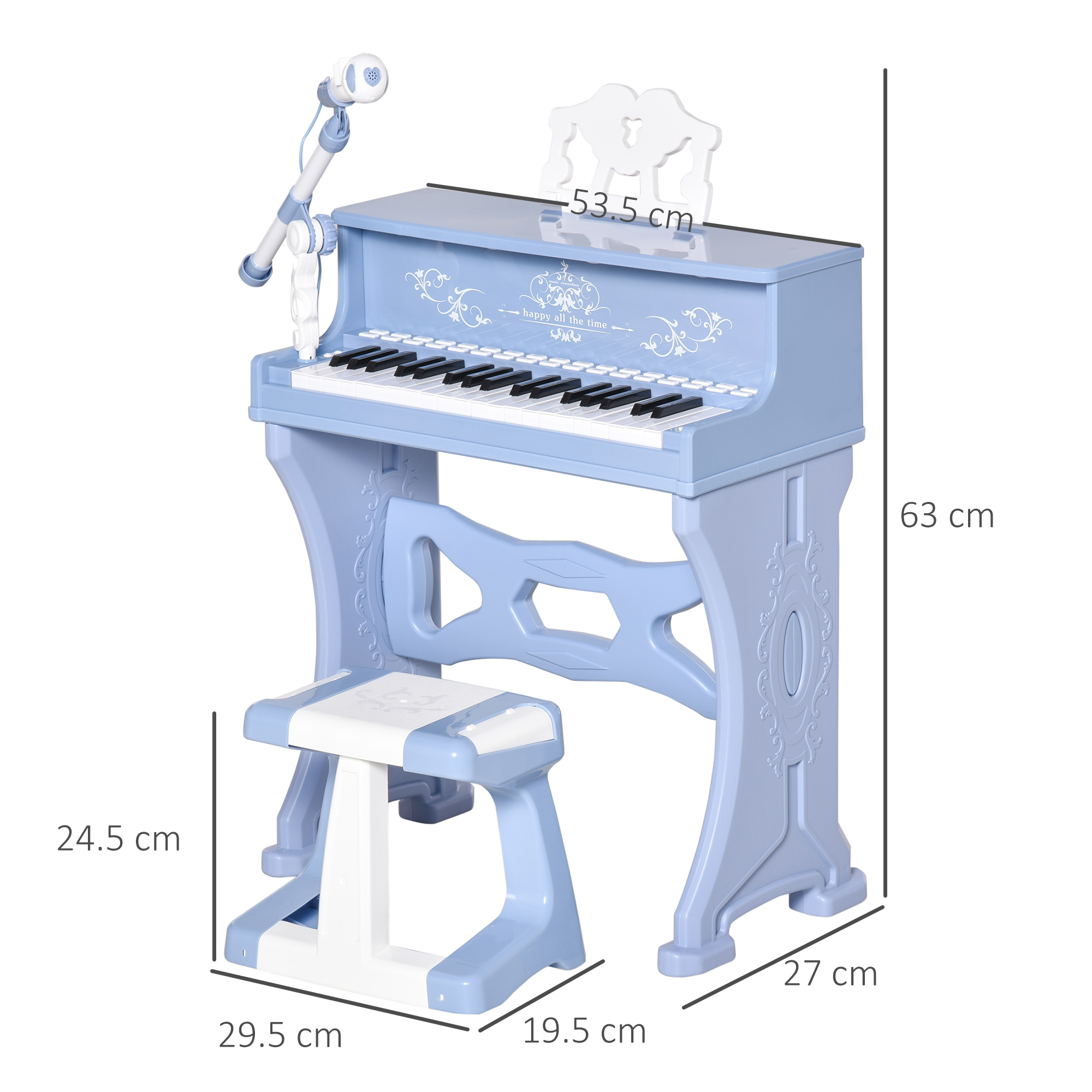 37 Keys Kids Piano Mini Electronic Keyboard Light Kids Musical Instrument Educational Game Children Grand Piano Toy Set W/Stool & Microphone & Music Stand (Blue)