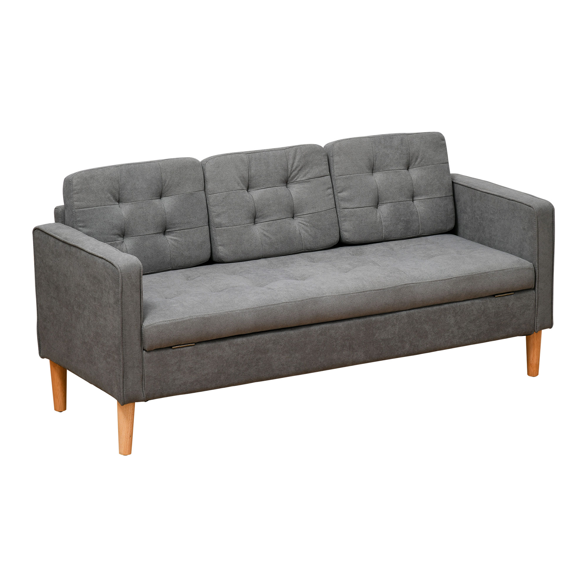 Compact grey 3-seater sofa with button-tufted back and hidden under-seat storage