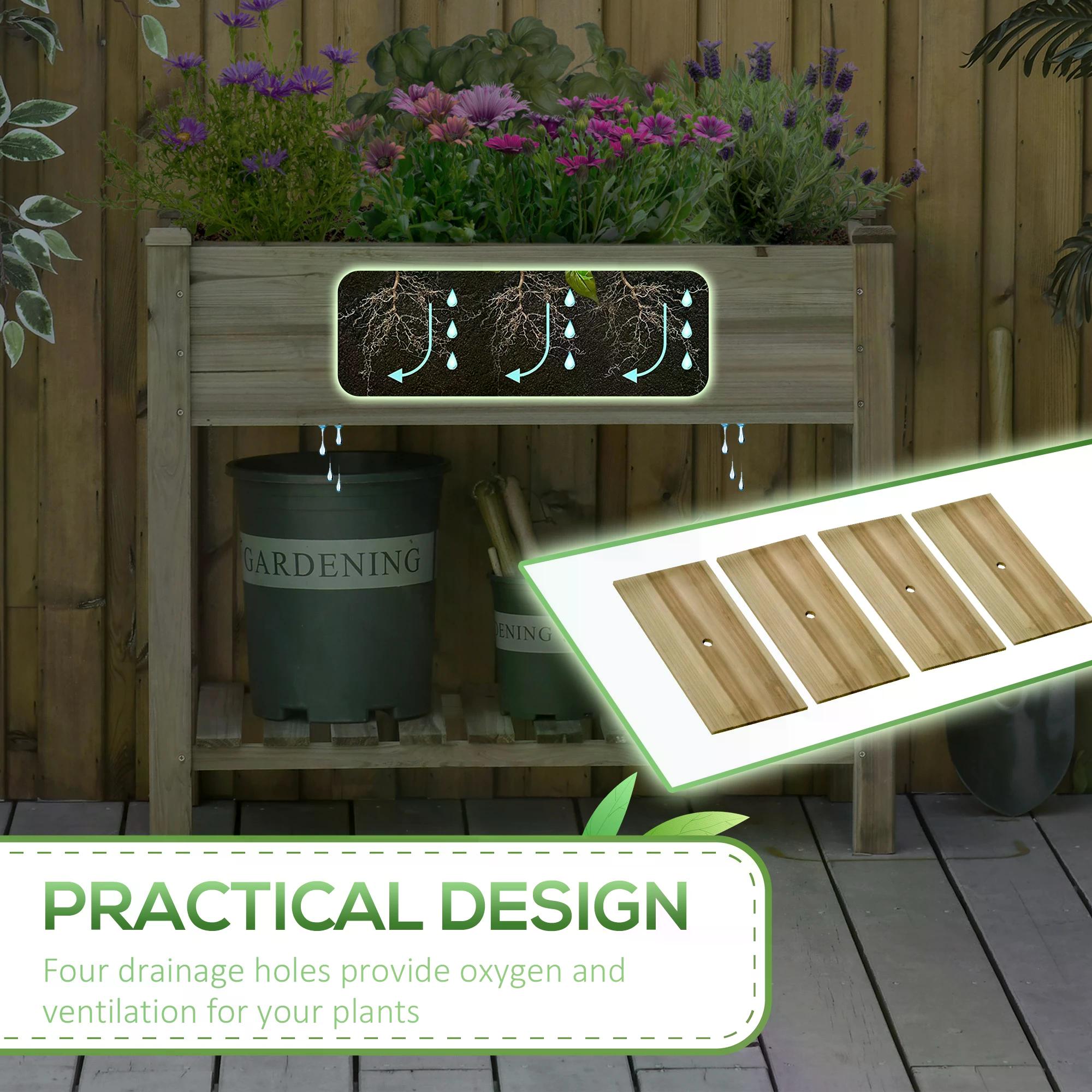 Close-up of elevated wooden planter box construction showing fir wood slats and drainage holes