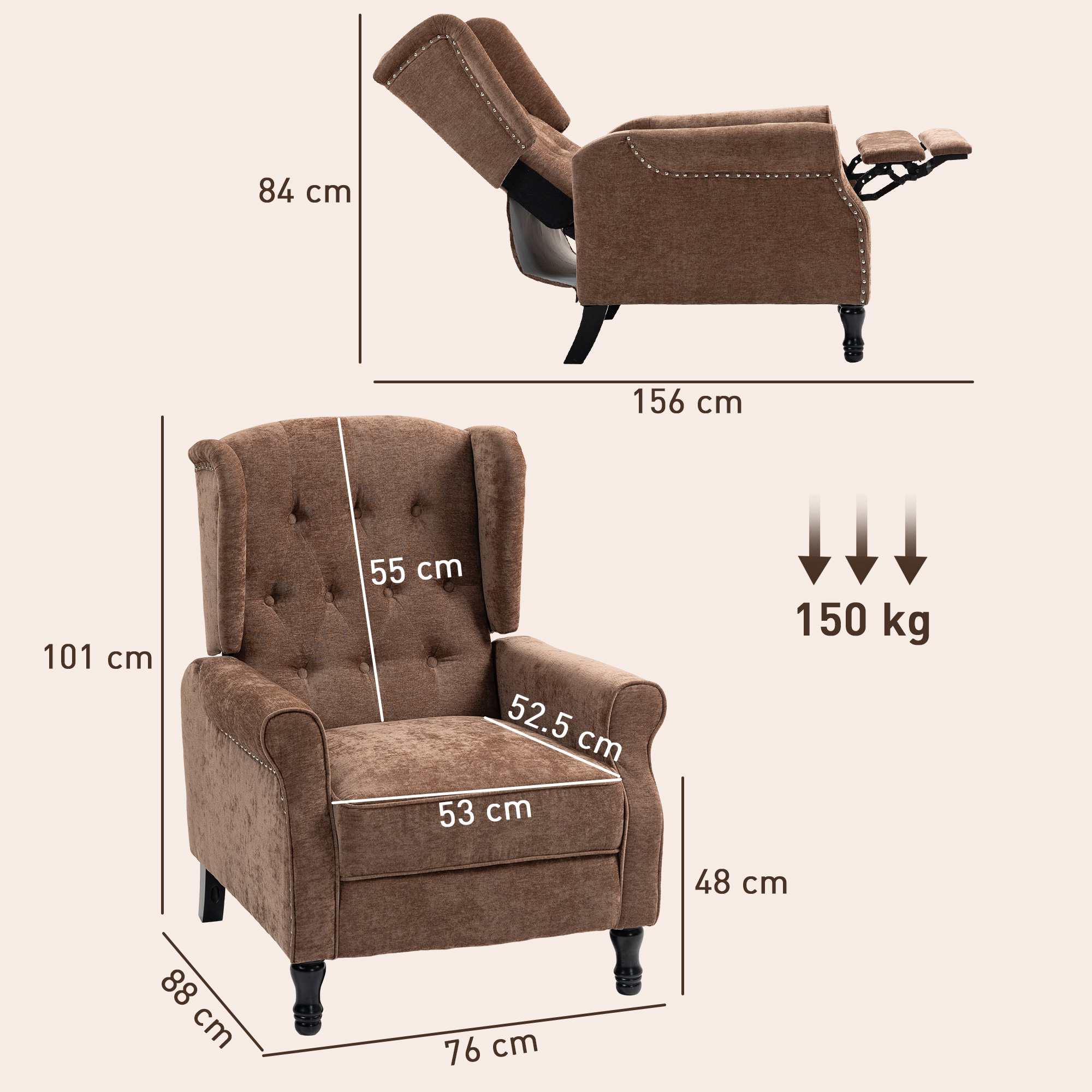 150° reclining vintage armchair, with footrest - brown