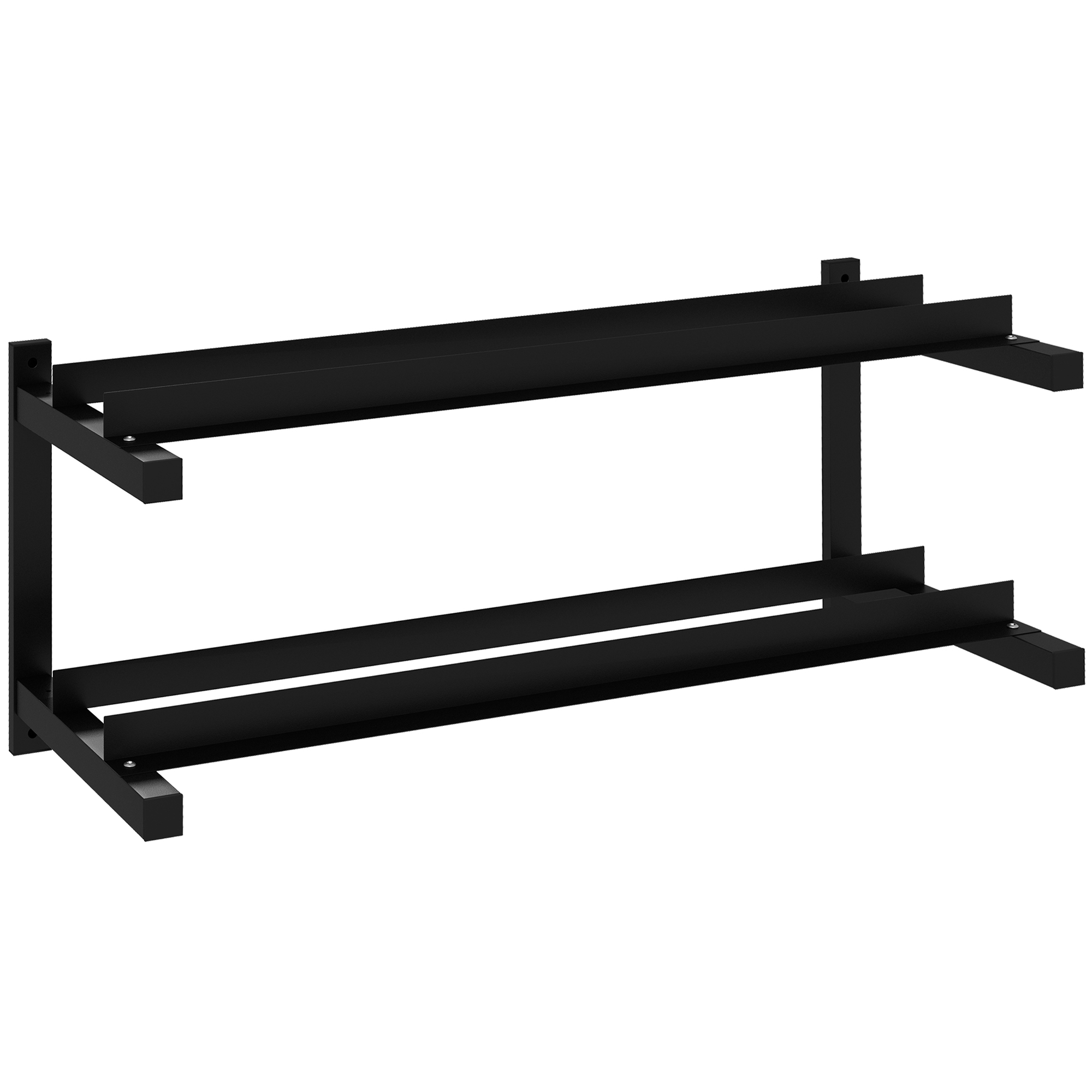 Two-tier black steel wall-mounted dumbbell rack