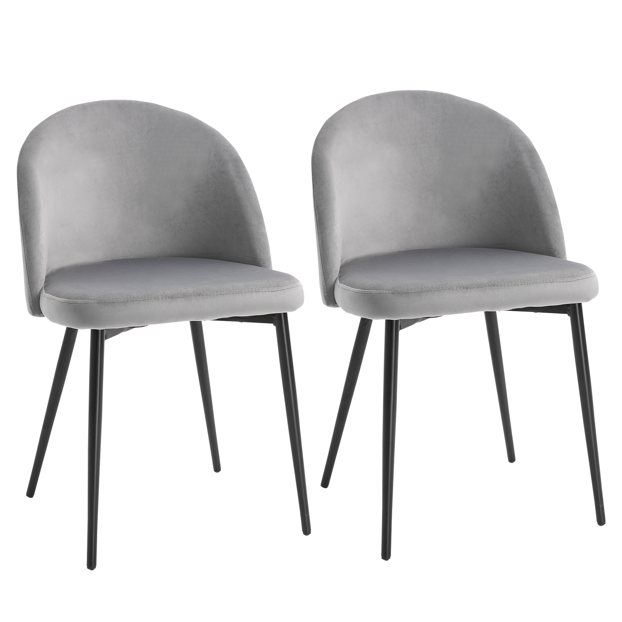 Grey velvet armless dining chairs on a steel frame