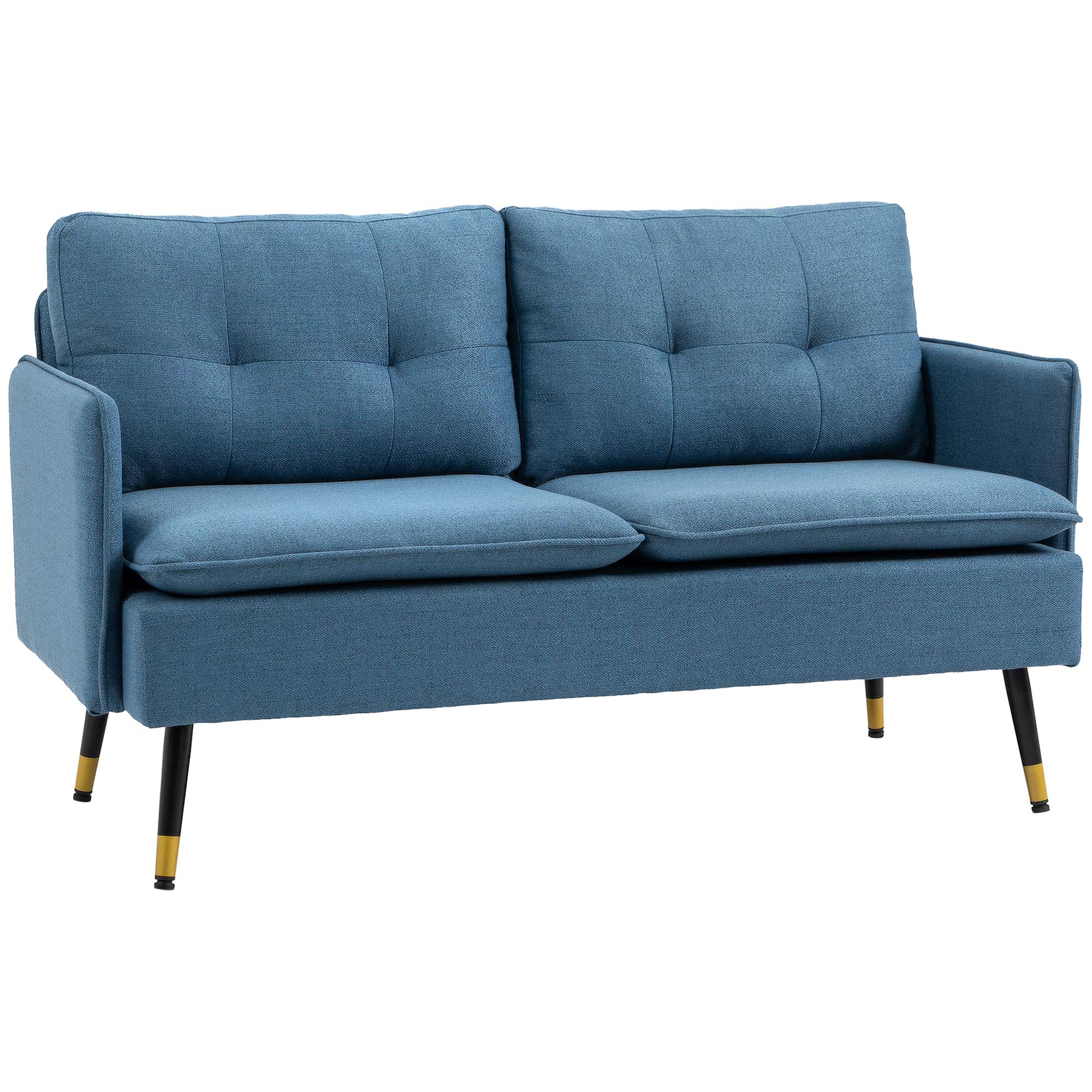 Dark blue linen-look 2-seater button-tufted loveseat with gold-accent steel legs