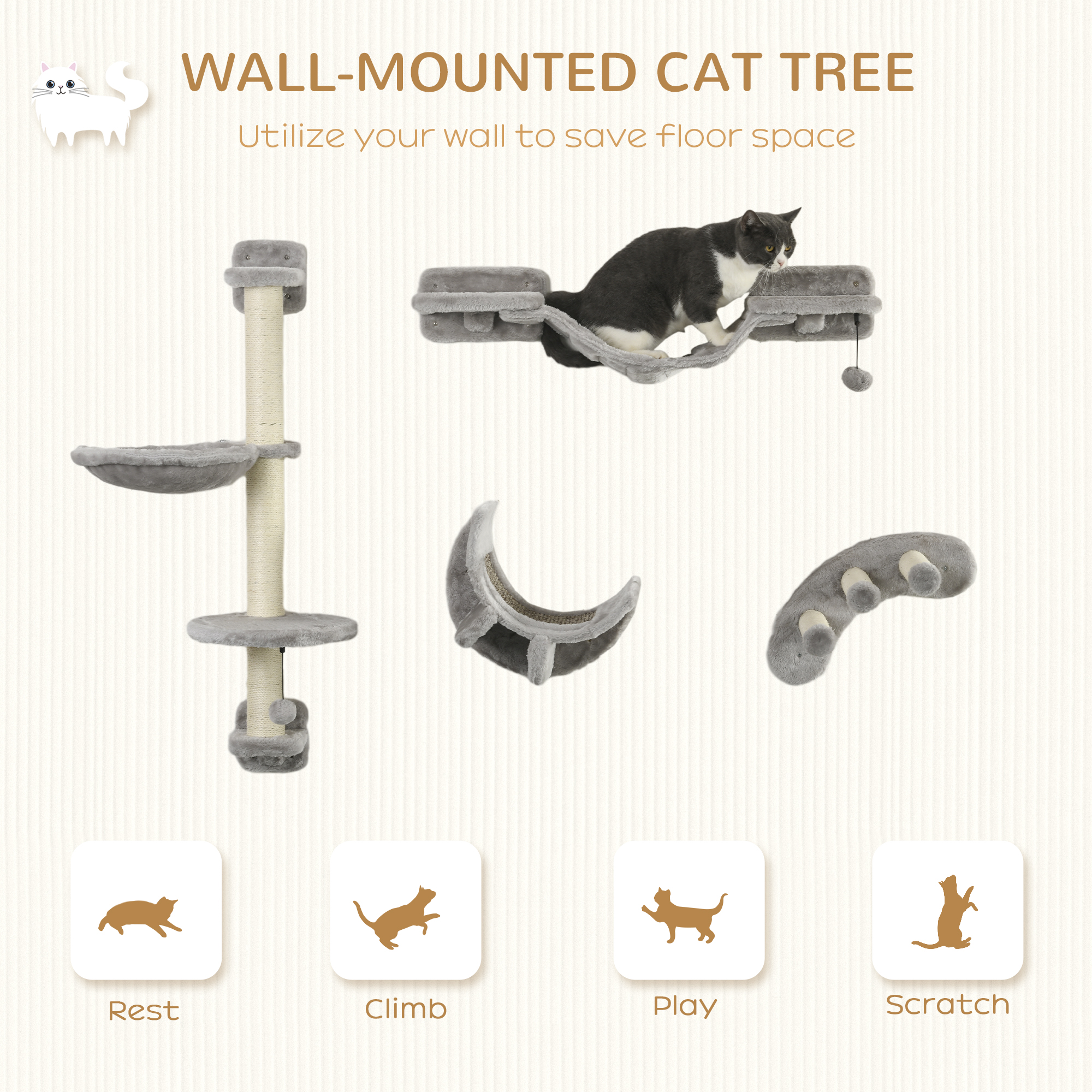 Four-piece wall-mounted cat shelf set in grey plush