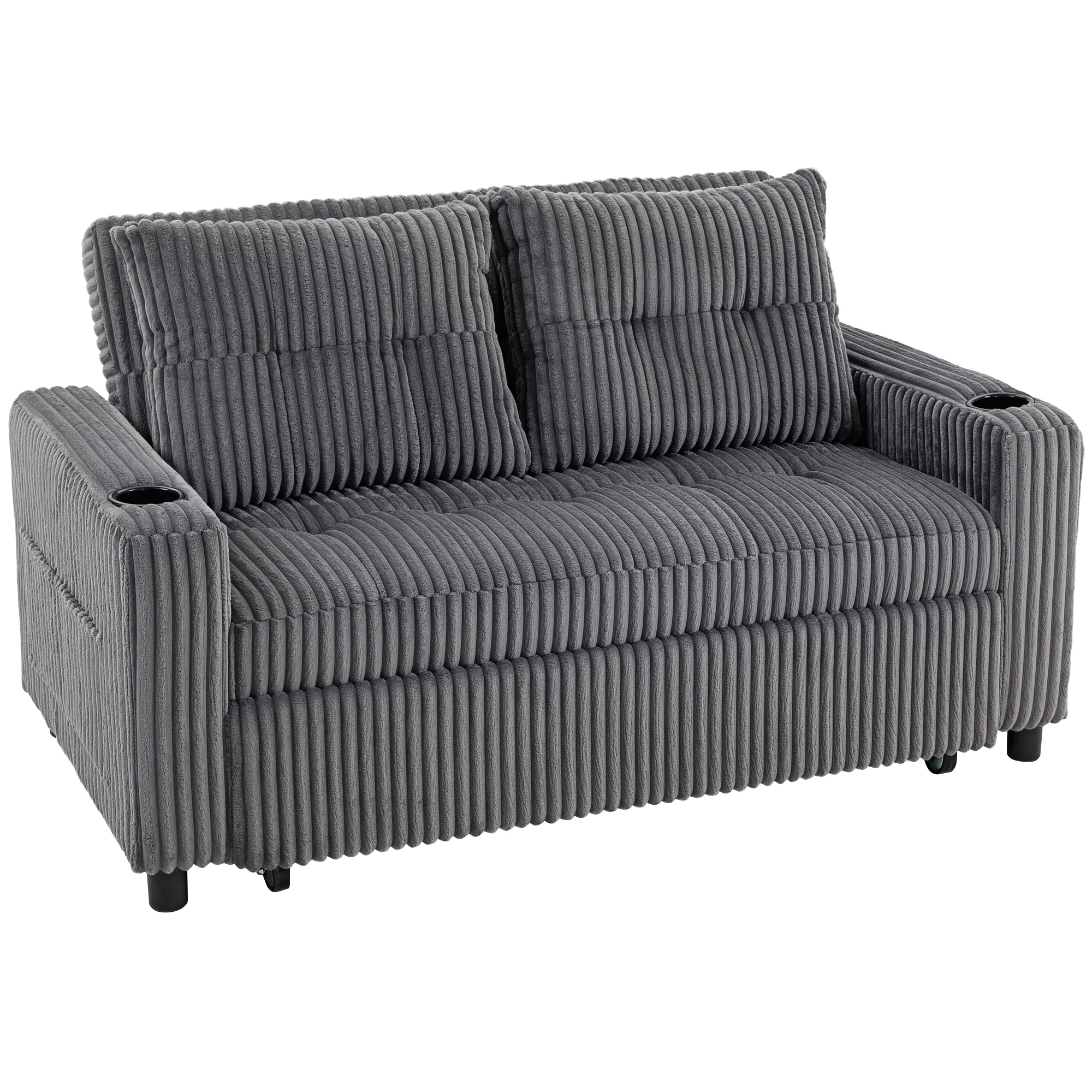 Charcoal corduroy two-seater pull-out sofa bed with cup holders