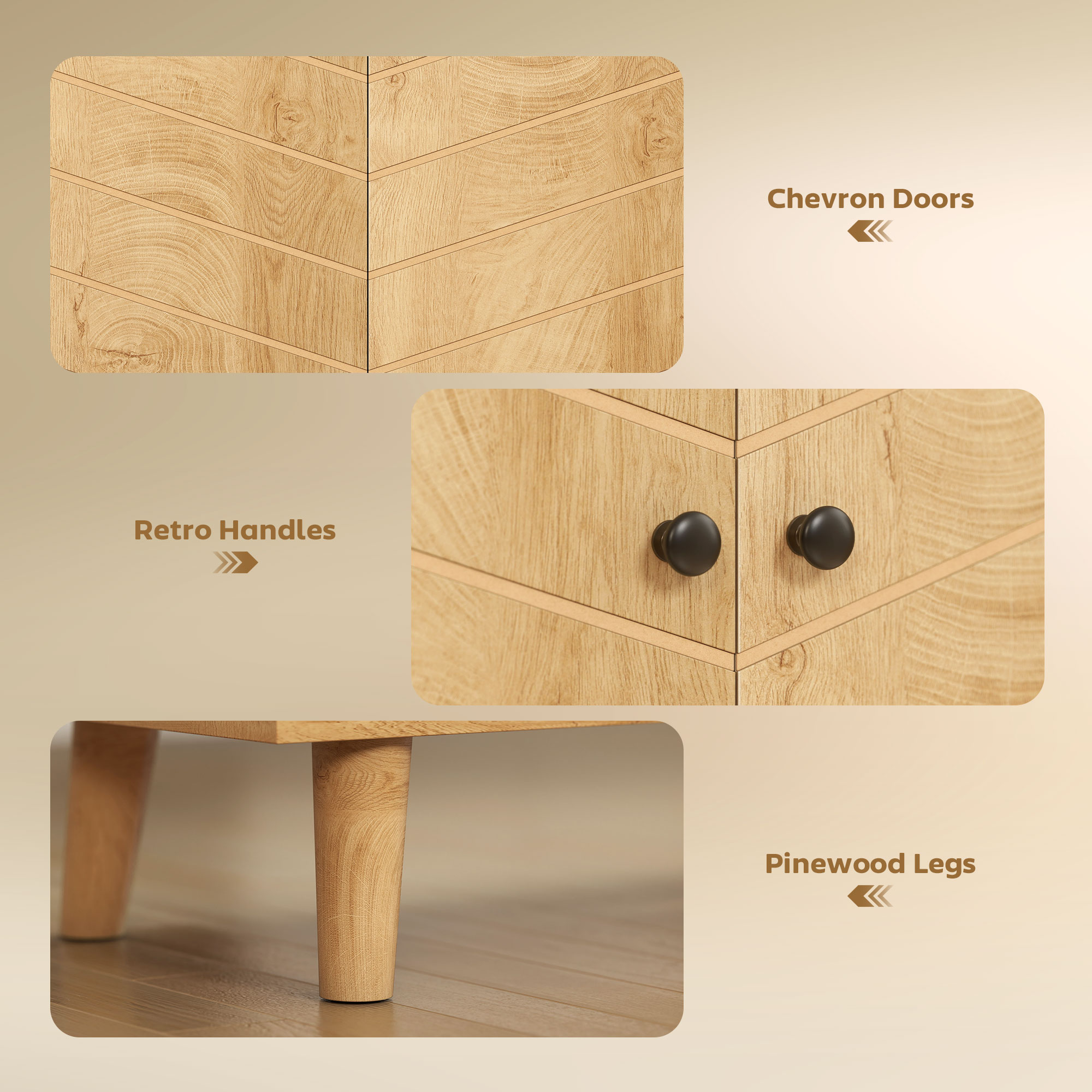 Vintage Storage Cabinet With Double Chevron Doors And Pine Wood Legs, Side Cabinet For Living Room, Kitchen, Bedroom