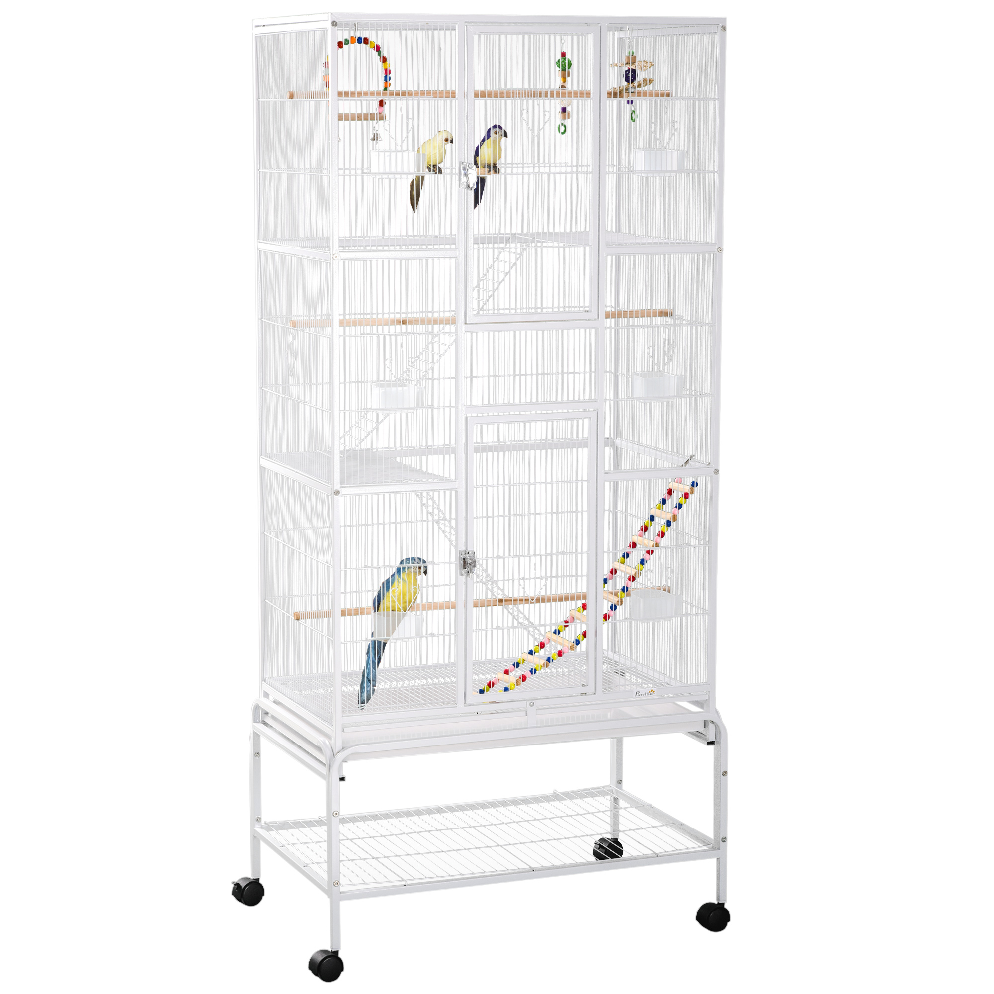 PawHut Large Bird Cage Budgie Cage 3 Tier Aviary With Stand Wheels, Toys, Ladders, Shelf For Canaries, Finches, Cockatiels, Parakeets - White - Image 1