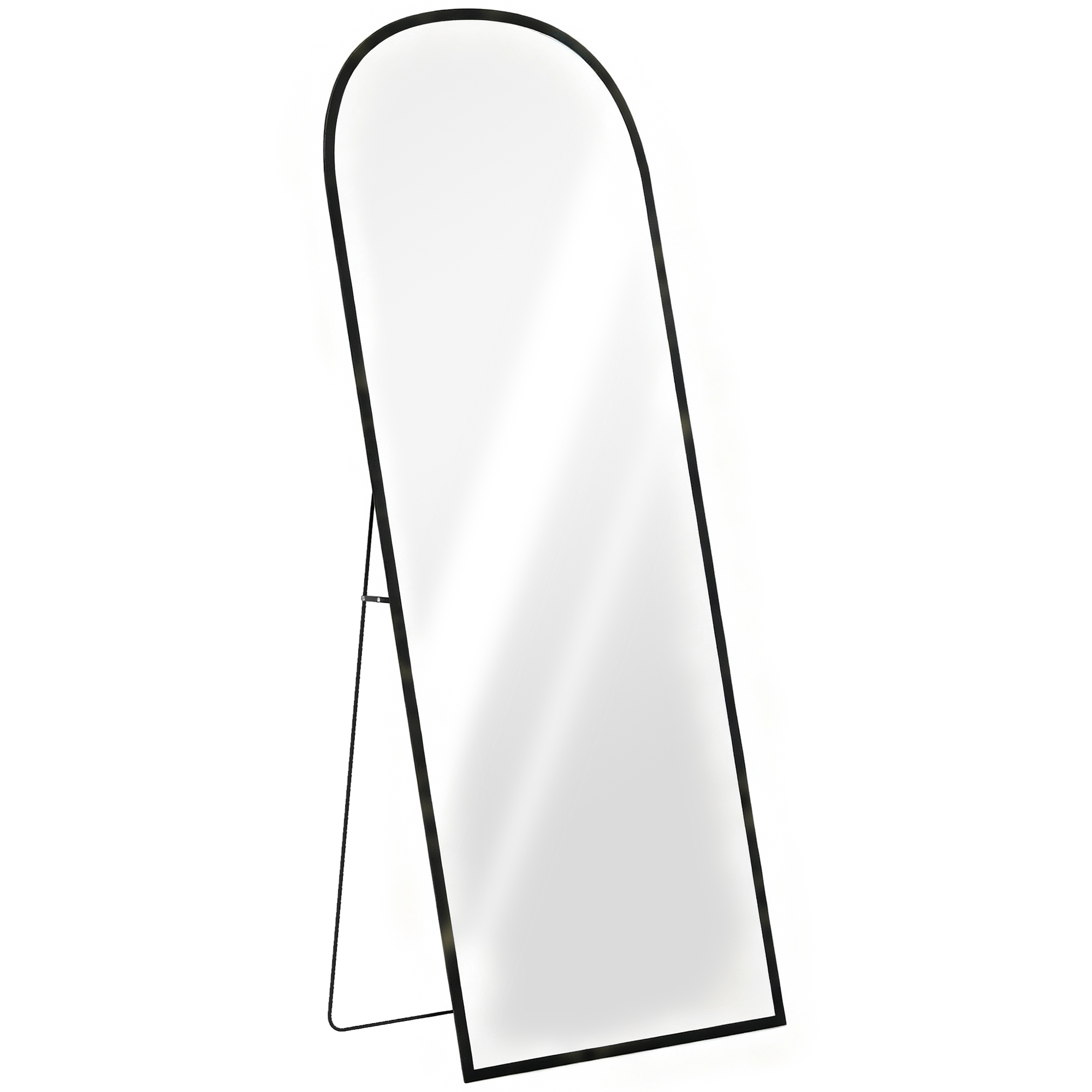 Slim 165 cm black aluminium framed full length standing mirror leaning against a pale wall