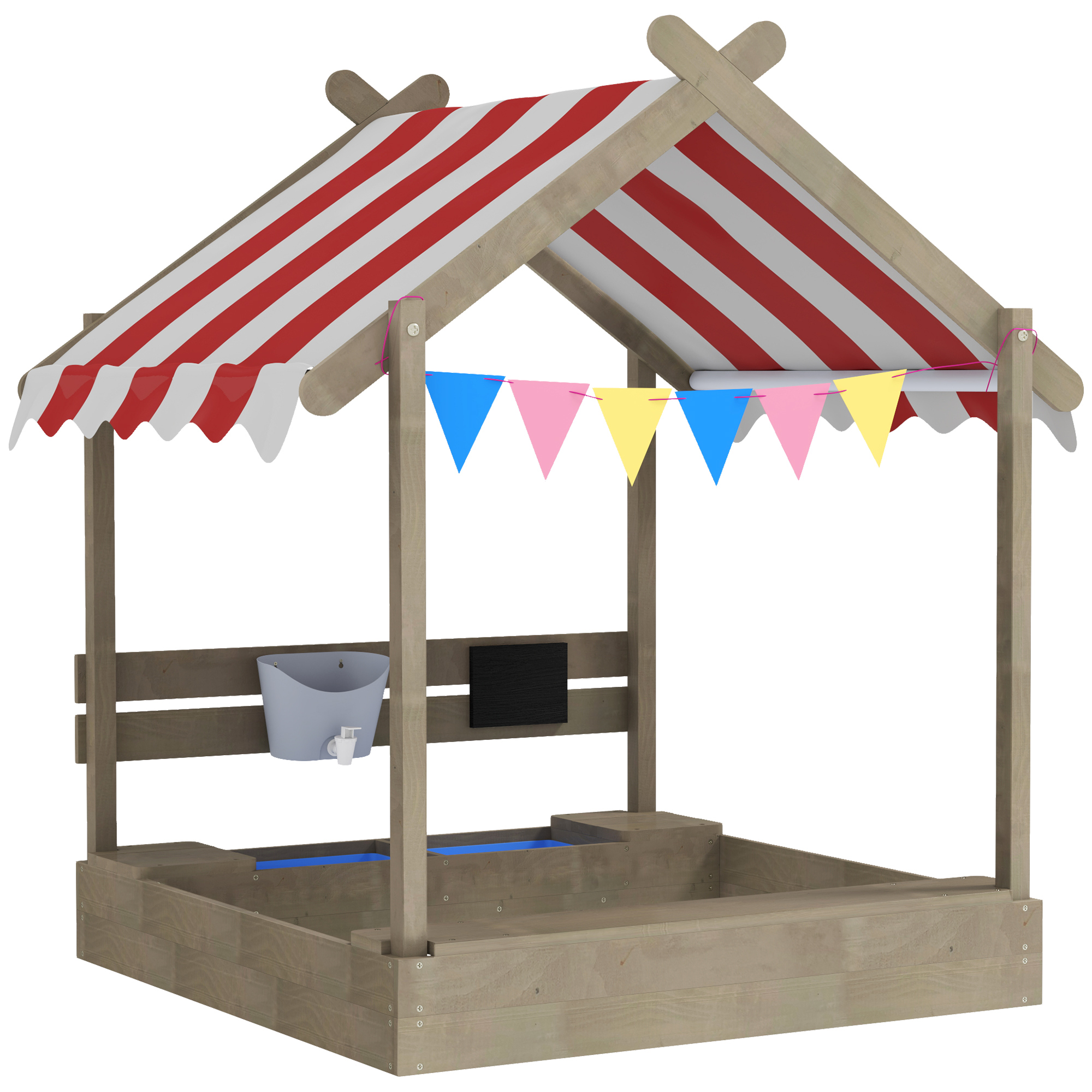 House-Designed Wooden Sandbox, Outdoor Sandpit, With Blackboard, Toys, Sink, Seats, Flags, For Ages 3-7 Years - Grey - Image 1