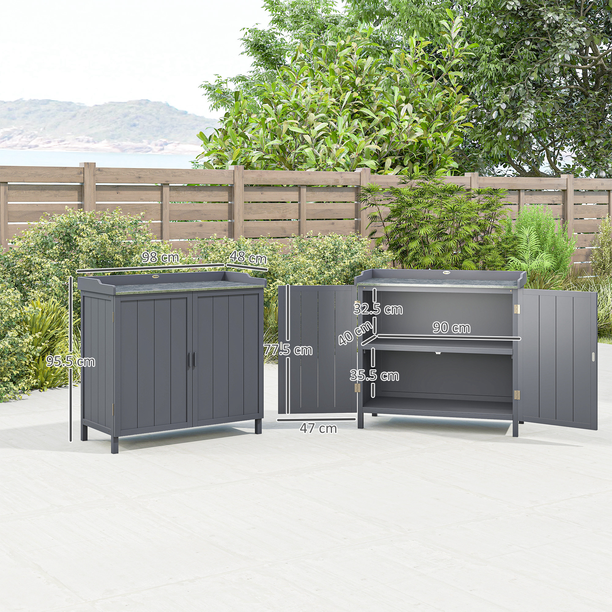 Wood Garden Storage Cabinet, Outdoor Tool Shed, Potting Bench Table With Galvanized Top And Two Shelves For Yard Tools Or Pool Accessories, Grey
