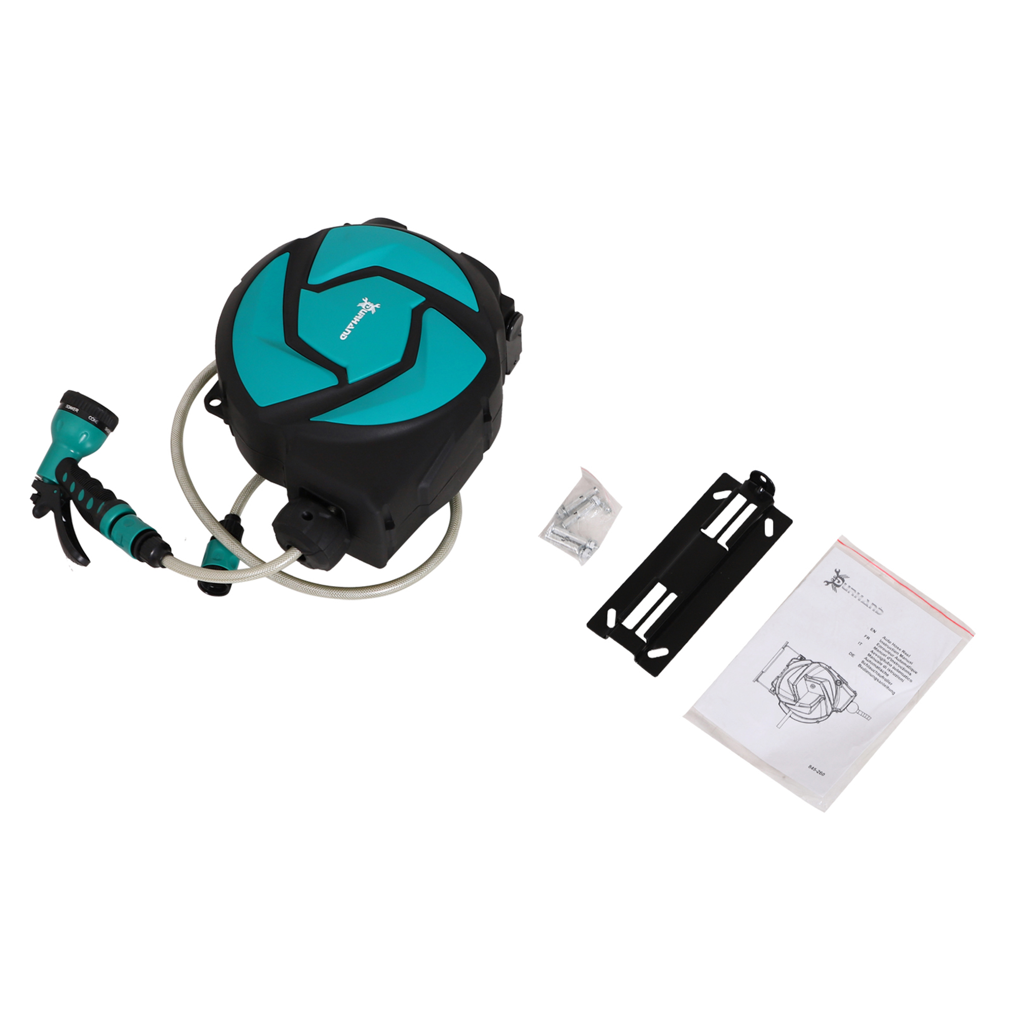 Hose reel in use watering a UK garden border