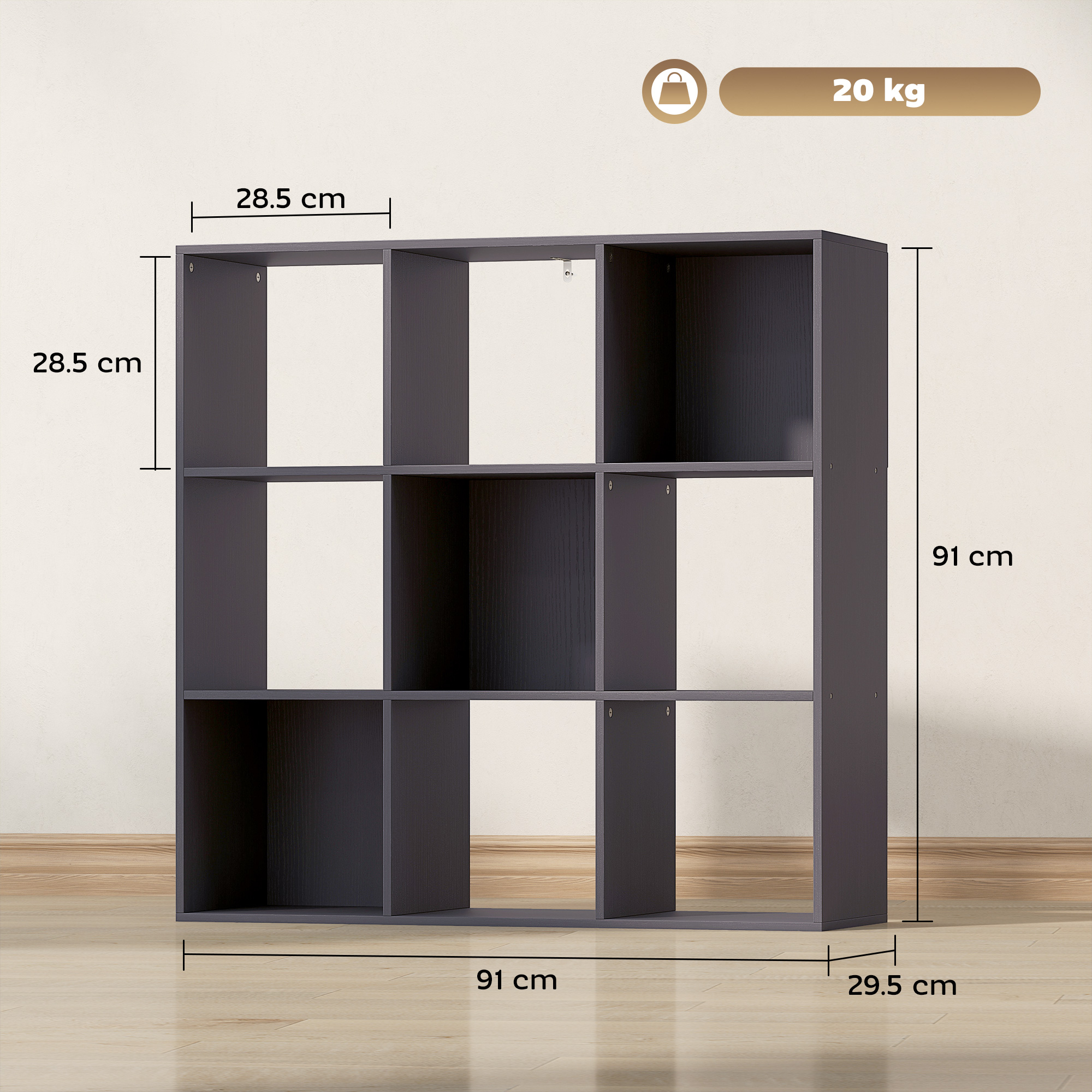 Nine-cube storage shelf - grey