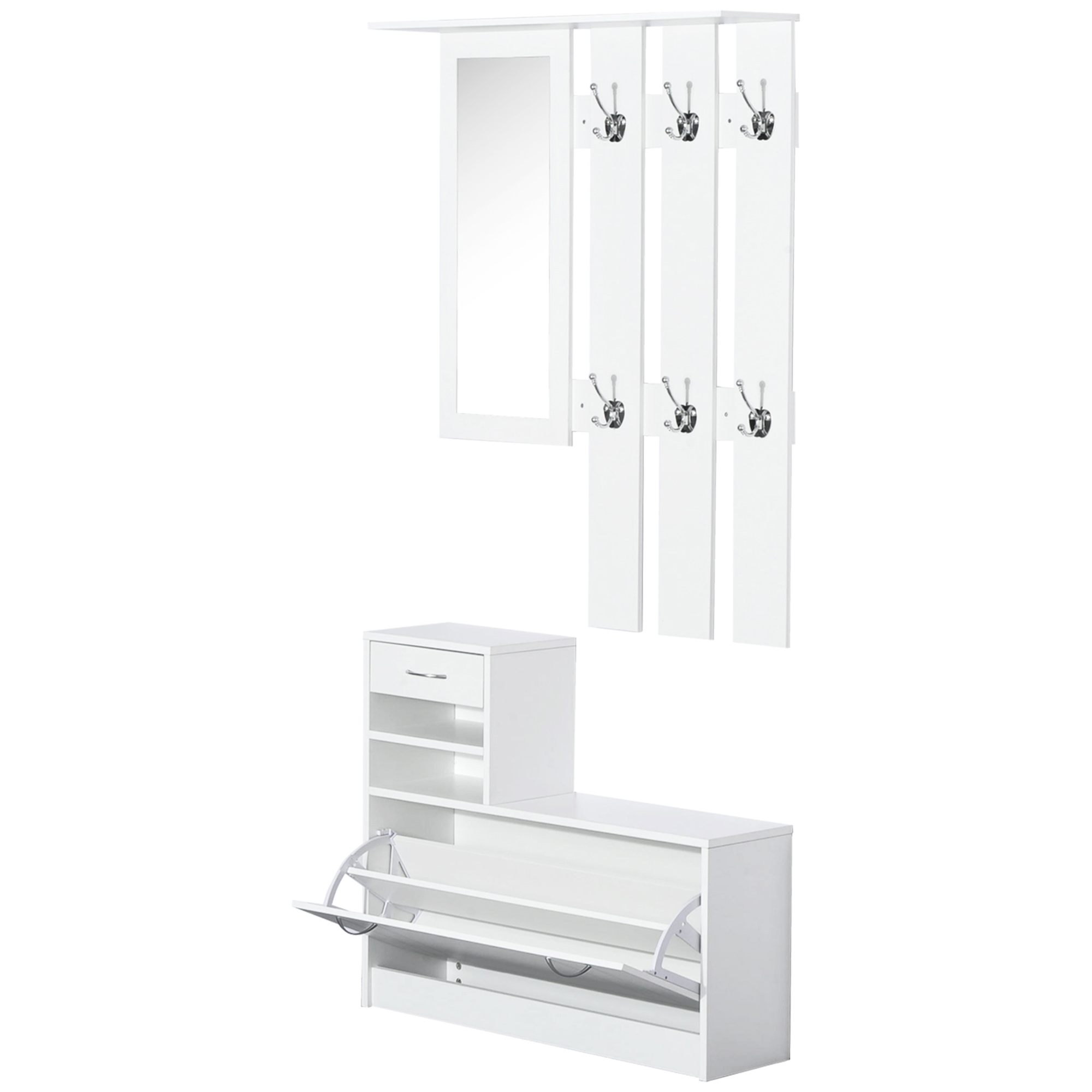 2PC Shoes Storage Chest Cloths Rack Unit W/Mirror Multiple Shelves Large Storage Capacity Shoes Cabinet 6 Hooks Cloth Rack White